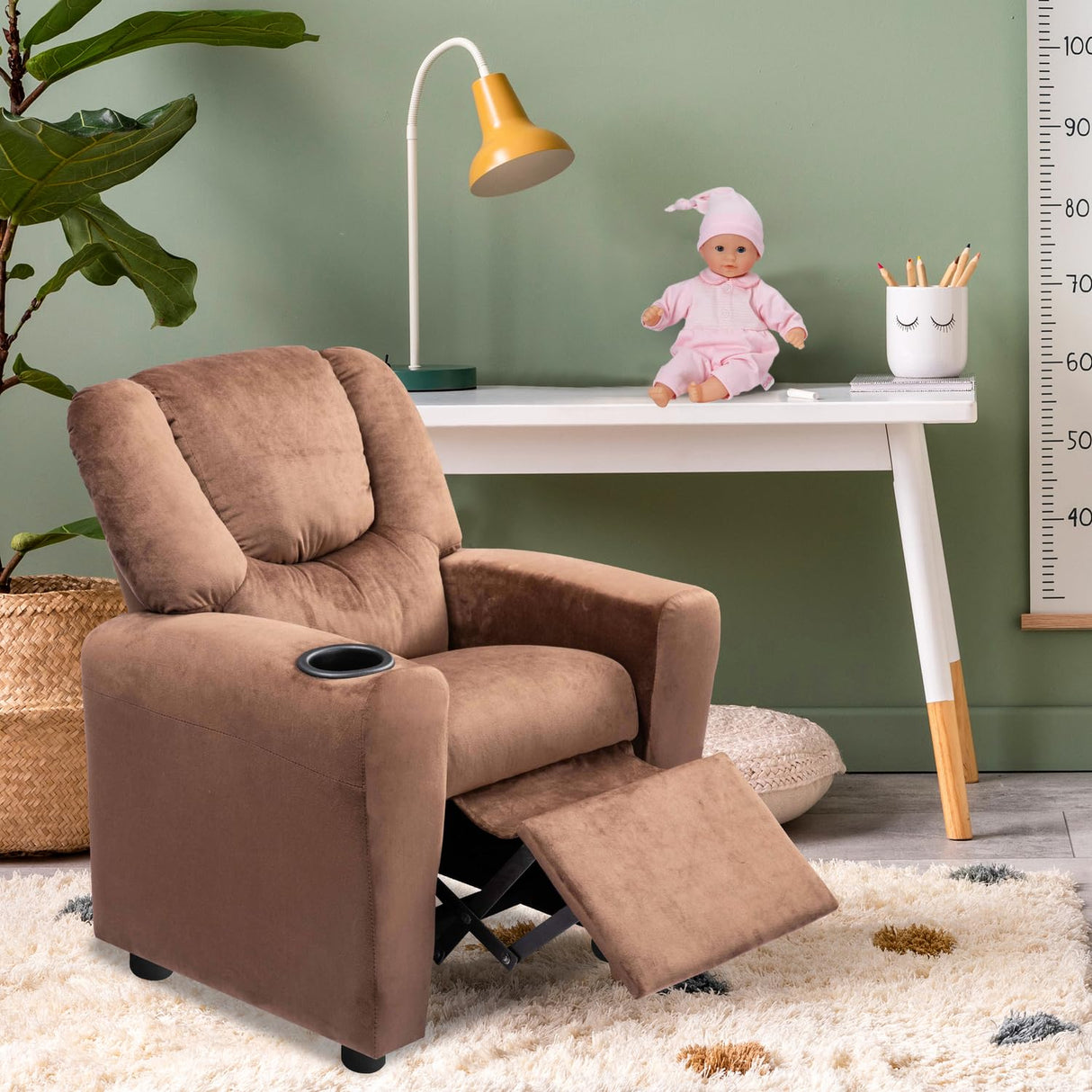 Naomi Home Suri Kids Recliner Chair with Cup Holder & Footrest, Brown Microfiber - Cozy Lounge for Toddlers & Children Naomi Home