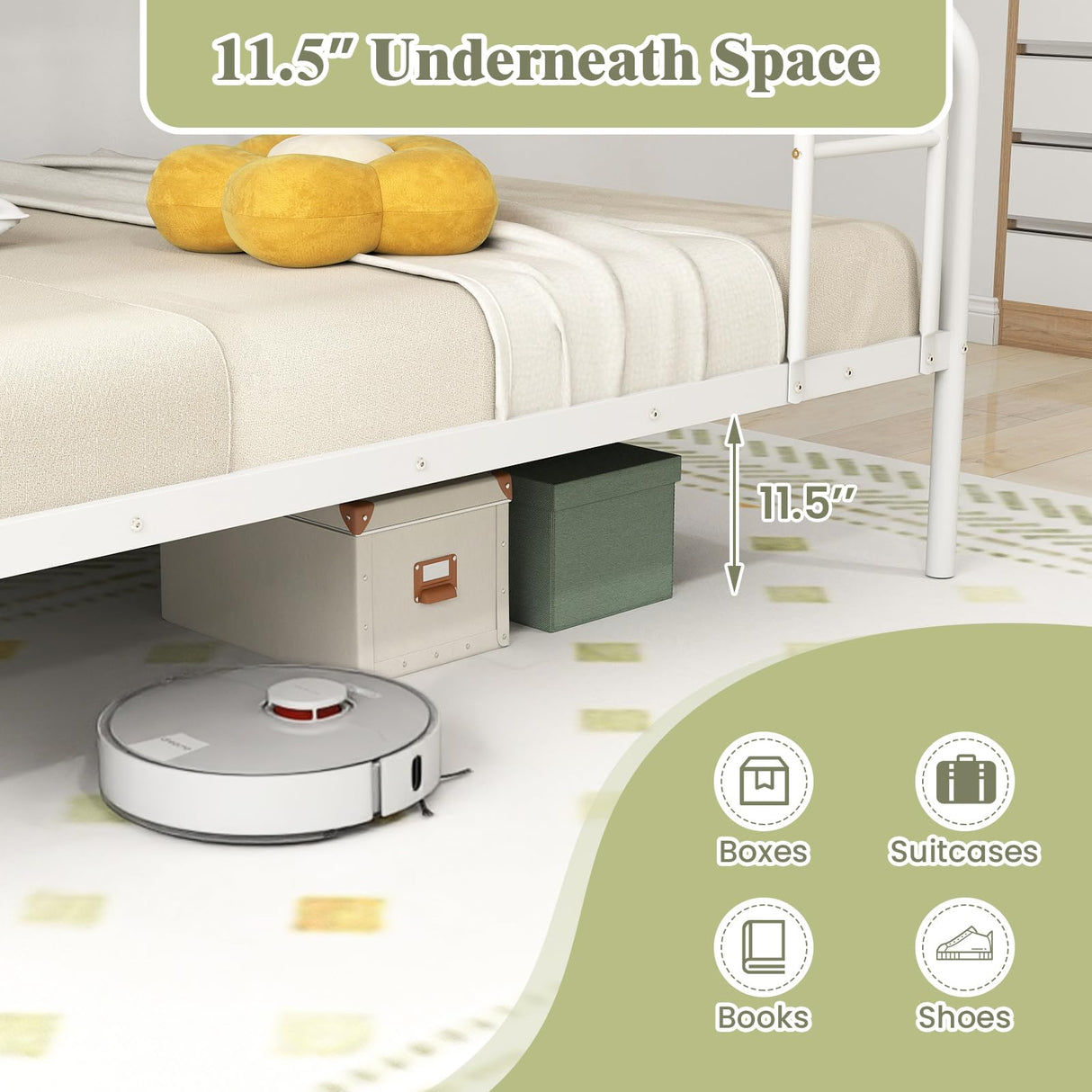 KOMFOTT Twin Over Full Metal Bunk Bed, Heavy-Duty Bunk Bed with Inclined Ladder, Safety Guardrail, Metal Slats Support, Noise-Free Design, Space-Saving Bunk Bed Frame for Teens & Adults (White) KOMFOTT