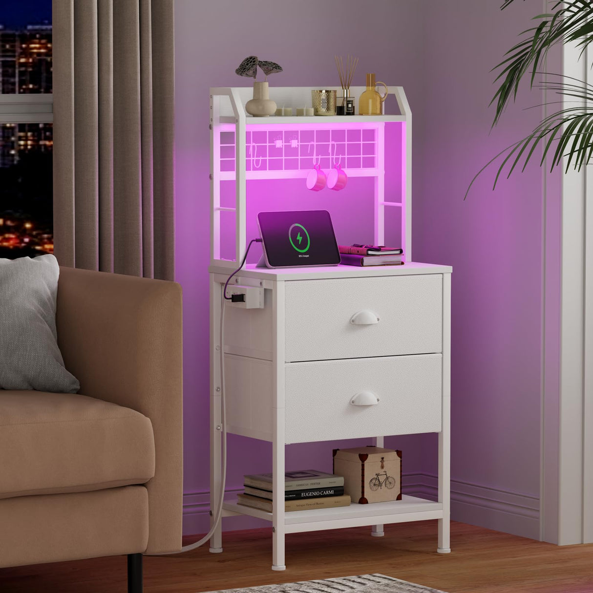 Furologee Tall Nightstand with Charging Station & LED Lights, 41'' Bedside Table with 2 Drawers & Pegboard, White Night Stand with Hooks & Folders, End Table with Shelves for Bedroom/Living Room Furologee