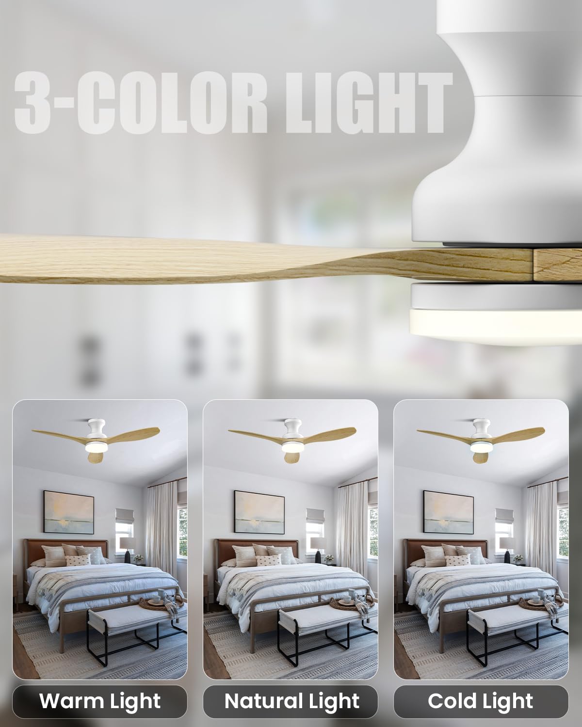 Frstem Leah 52" Solid Wood Ceiling Fan with Light & Remote Control, Flush Mount 3 Blades 6-Speed Ceiling Fan Fixture, Low Profile for Kitchen Bedroom Living Room Indoor (Natural Wood Color & White) Frstem