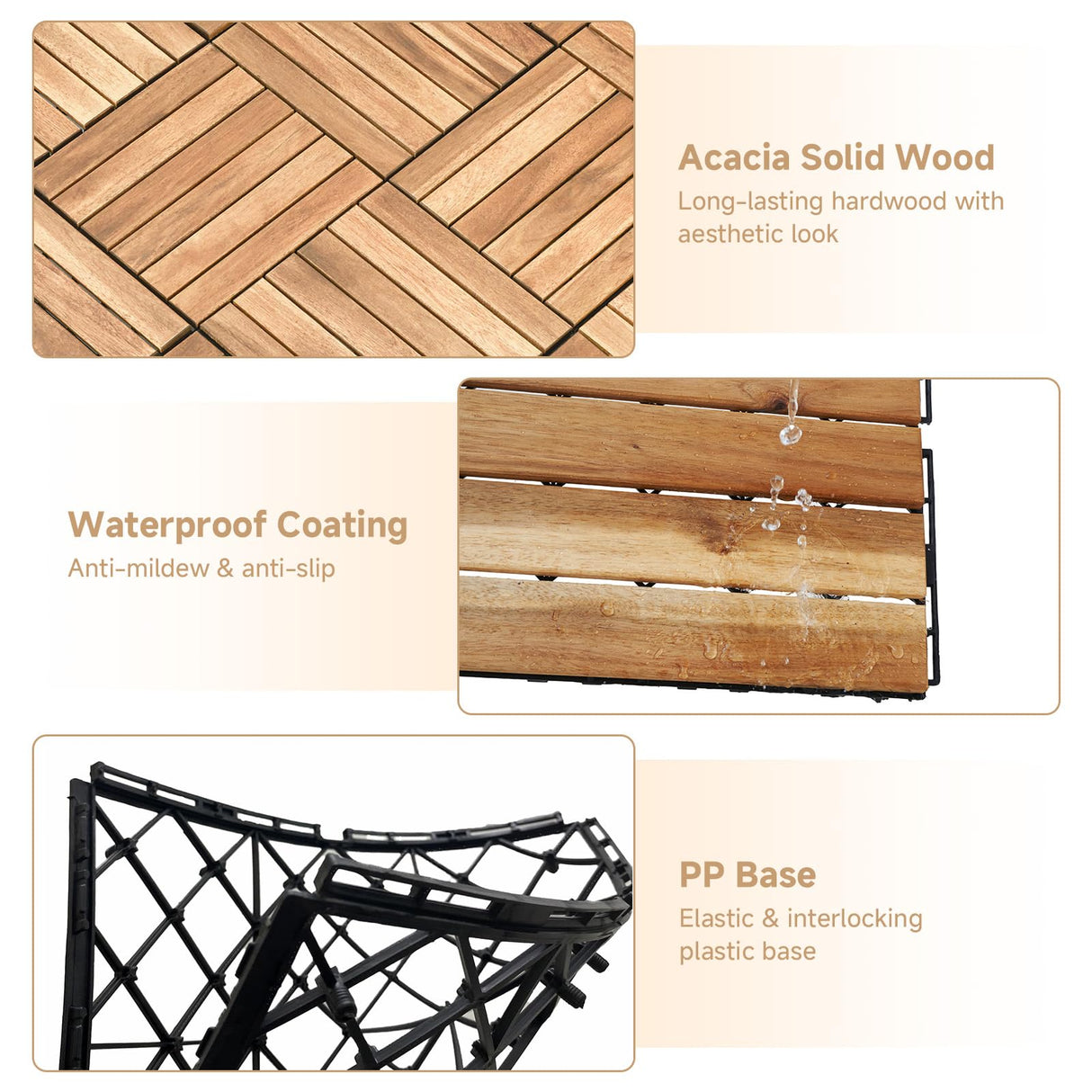 Rovibek 10PCS Deck Tiles, 12" x 12" Interlocking Deck Tiles Outdoor Waterproof, Acacia Wood Outdoor Deck Tiles All Weather for Balcony Poolside Backyard Outdoor Patio Flooring, Striped Yellow Rovibek