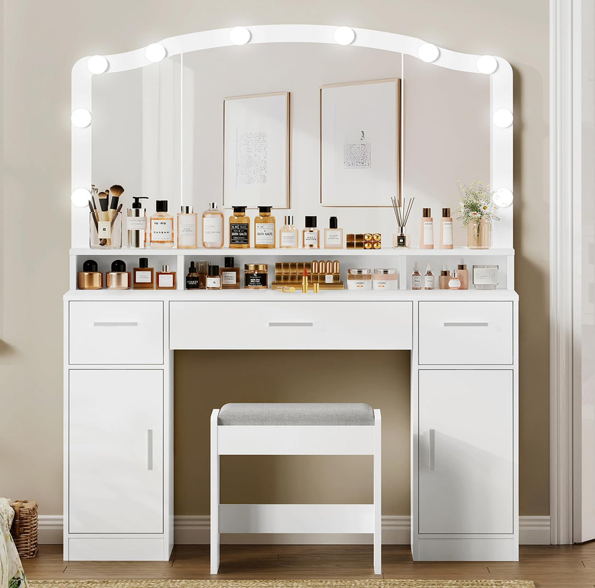 usikey Makeup Vanity with Lights, Vanity Desk, Makeup Vanity Table with 3 Drawers, 2 Cabinets & Long Storage Shelf, 10 Led Lights, Dressing Vanity Table with Stool, for Women, Girls, Bedroom, White usikey