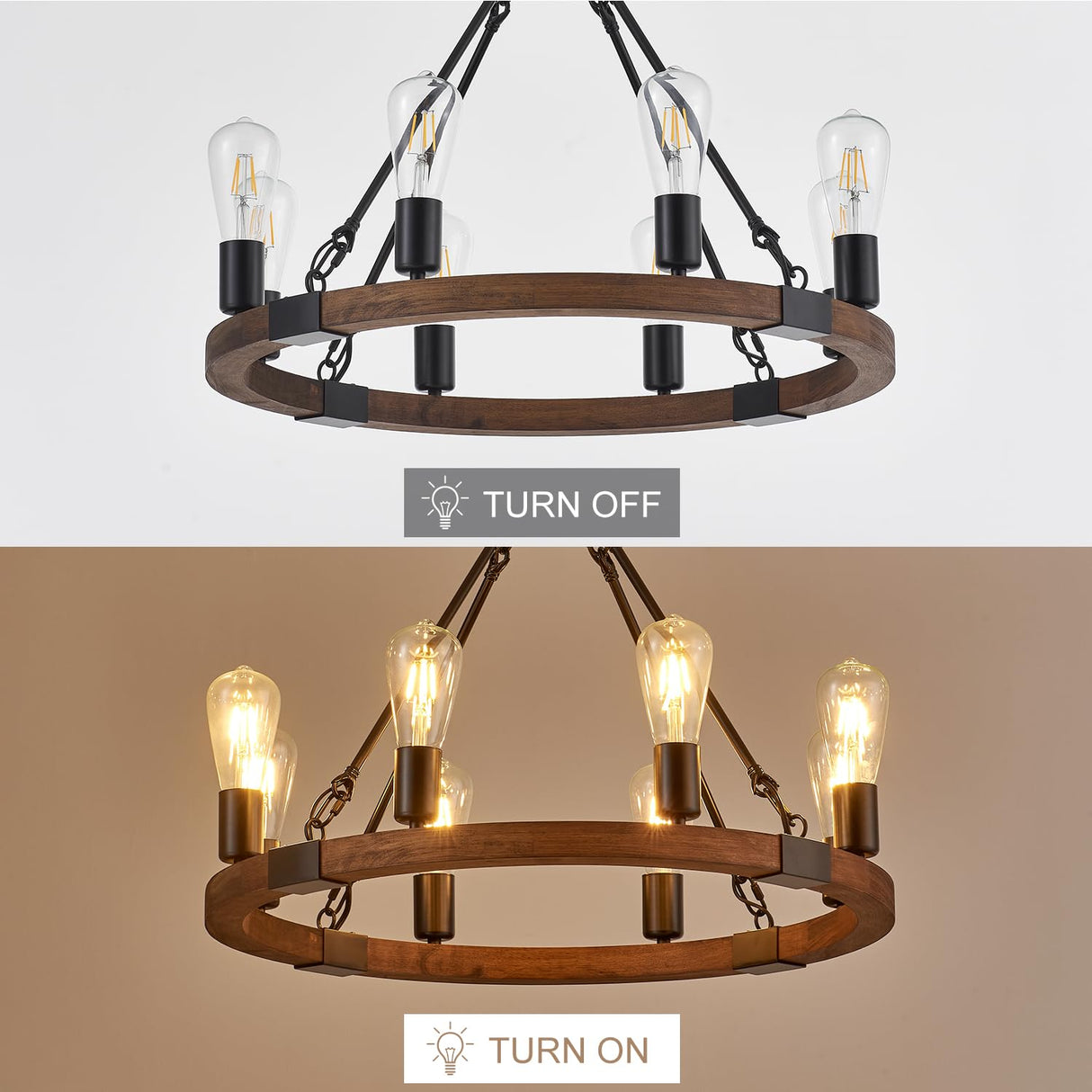 brfaixla 8 Lights 23.6'' Wooden Wagon Wheel Chandelier Farmhouse, Black Metal Ceiling Pendant Light Industrial Vintage Rustic Round Wood Chandeliers for Living Dining Room Kitchen Entryway Foyer brfaixla