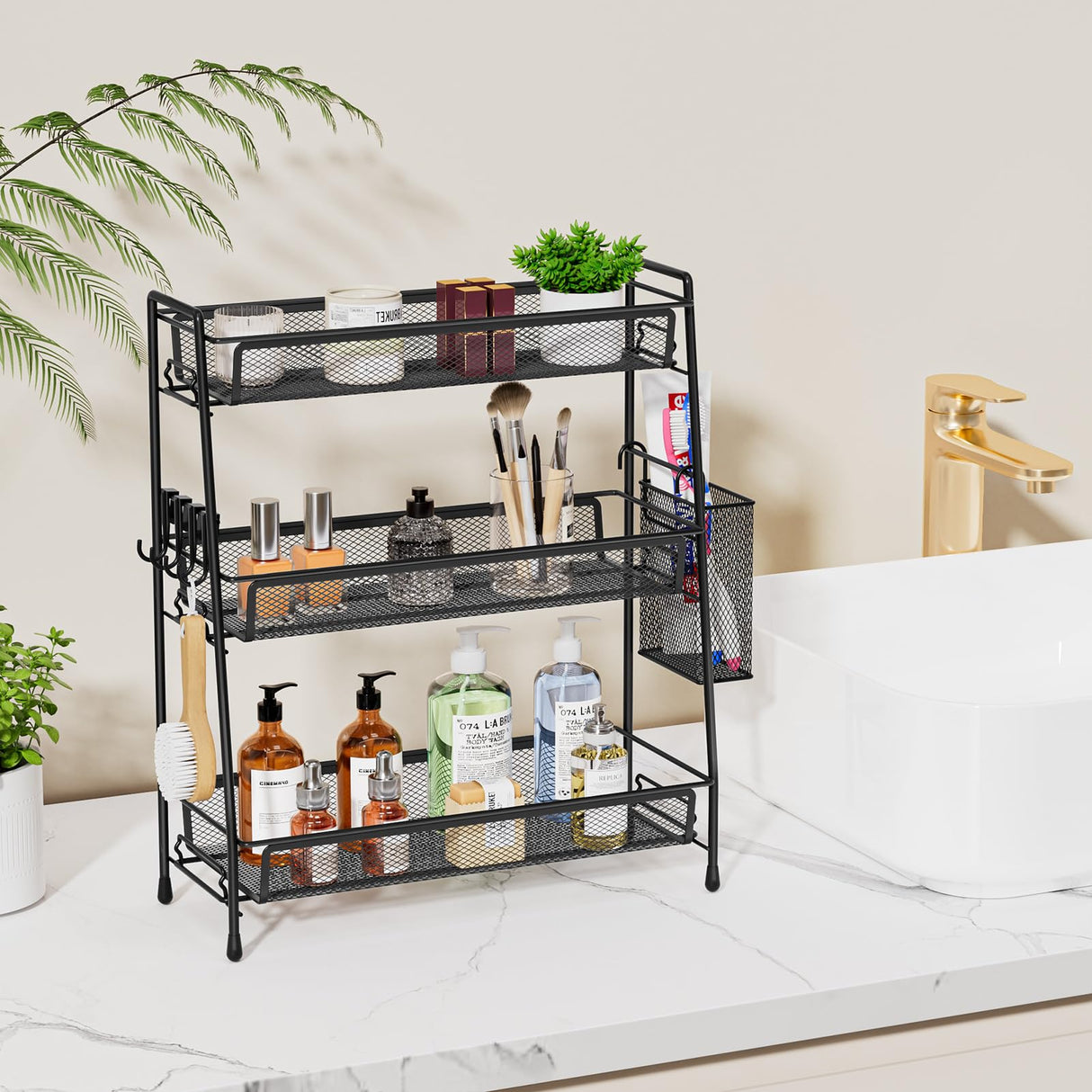 VITVITI 3-Tier Bathroom Organizer Countertop, Metal Wire Mesh Bathroom Counter Organizer Storage with Basket Hooks, Vanity Tray Shelf, Kitchen Spice Rack (Black) VITVITI
