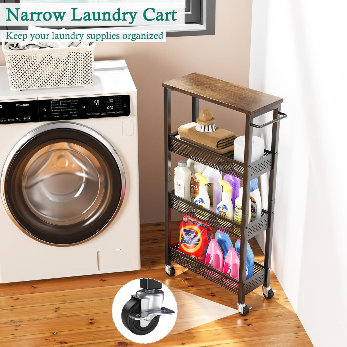 XYZLVSI Slim Storage Cart 4 Tier Narrow Kitchen Rolling Cart on Wheels for Small Space, Mobile Utility Cart Shelving Unit with Wooden Top and Metal Handle for Kitchen, Bathroom, Laundry Room XYZLVSI