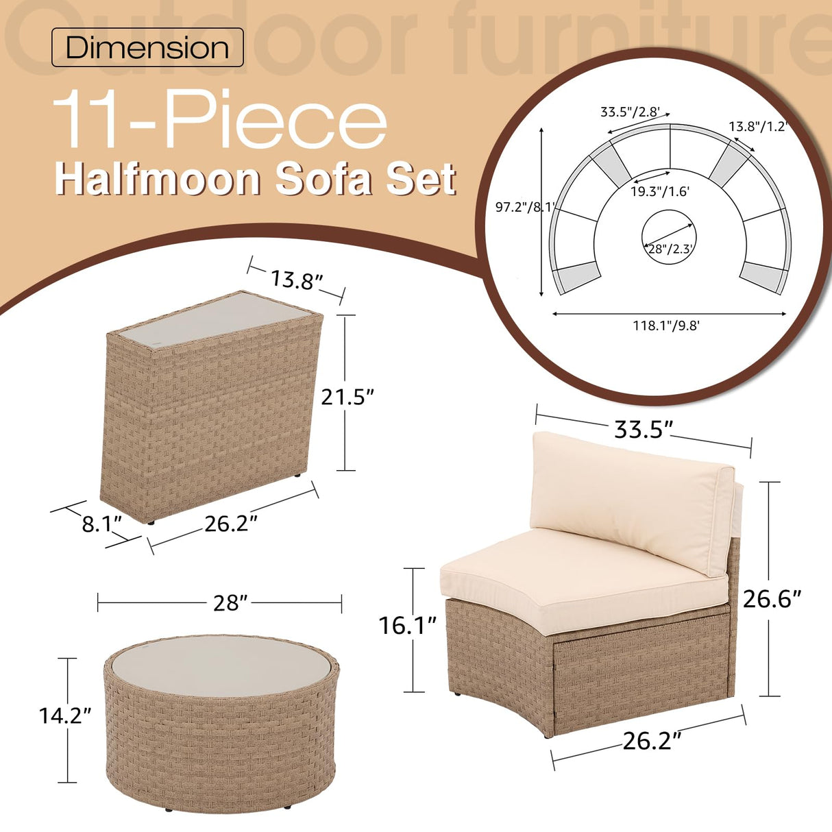 SUNSITT Outdoor Patio Furniture 11-Piece Half-Moon Sectional Round Patio Furniture Set Curved Outdoor Sofa with Tempered Glass Round Coffee Table, 4 Pillows, Natural Color Rattan SUNSITT