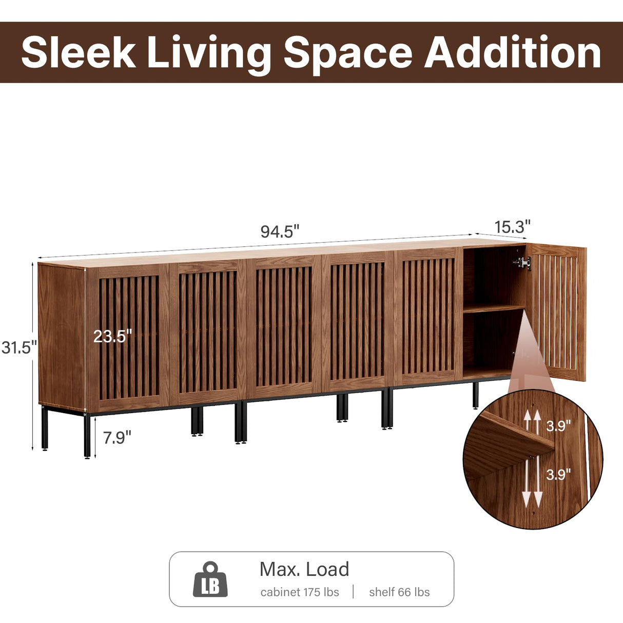 BVIUNTWO Storage Cabinet,94.5" Farmhouse Buffet Cabinet with Metal Base and Adjustable Shelves,Sideboard Coffee Bar Cabinet with 6 Doors for Kitchen,Dining Room,Living Room,Brown BVIUNTWO