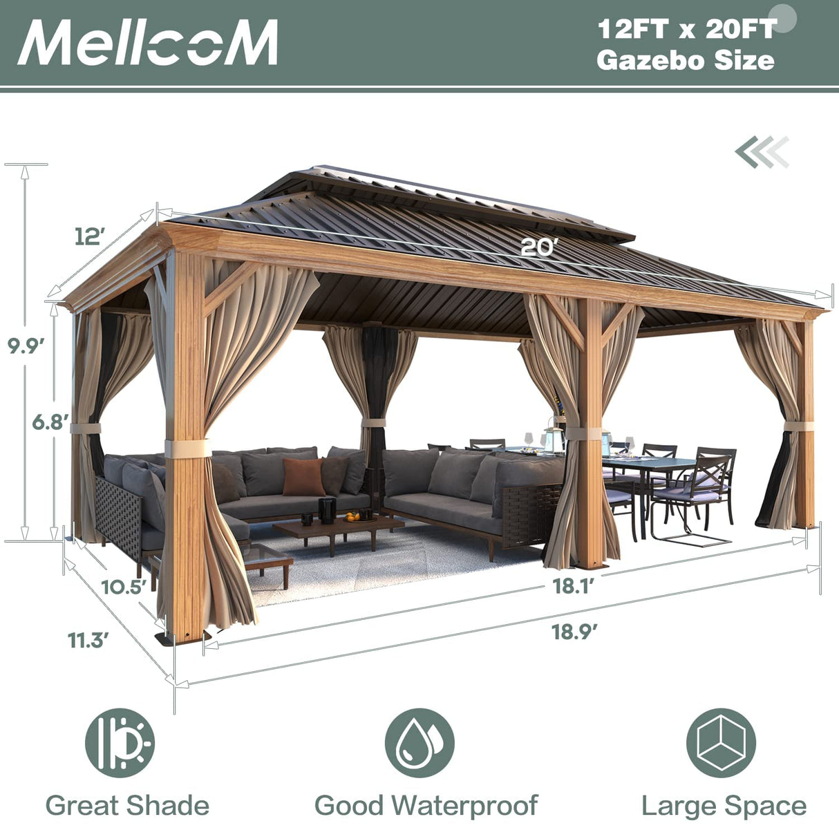 MELLCOM Hardtop Gazebo, 12' x 20' Wooden Finish Coated Aluminum Frame Gazebo with Galvanized Steel Double Roof, Brown Metal Gazebo with Curtains and MELLCOM