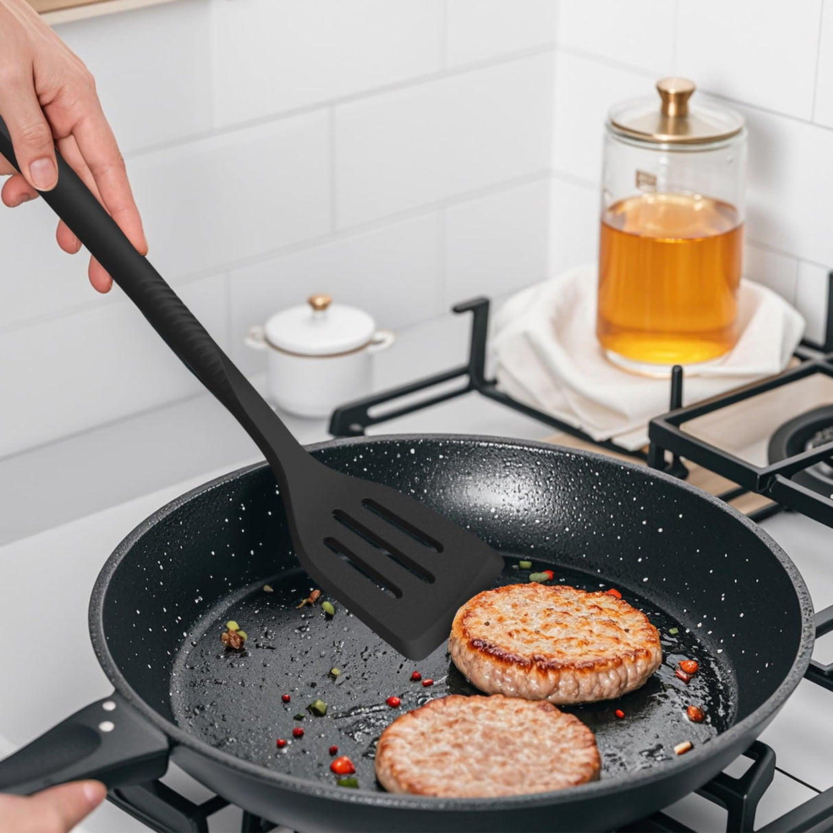 Silicone Cooking Utensils Set - 600°F Heat Resistant, Nonstick Kitchen Utensil Set with Spatulas, Spoons, Whisk, Tongs, BPA Free, Dishwasher Safe, Black USECANO