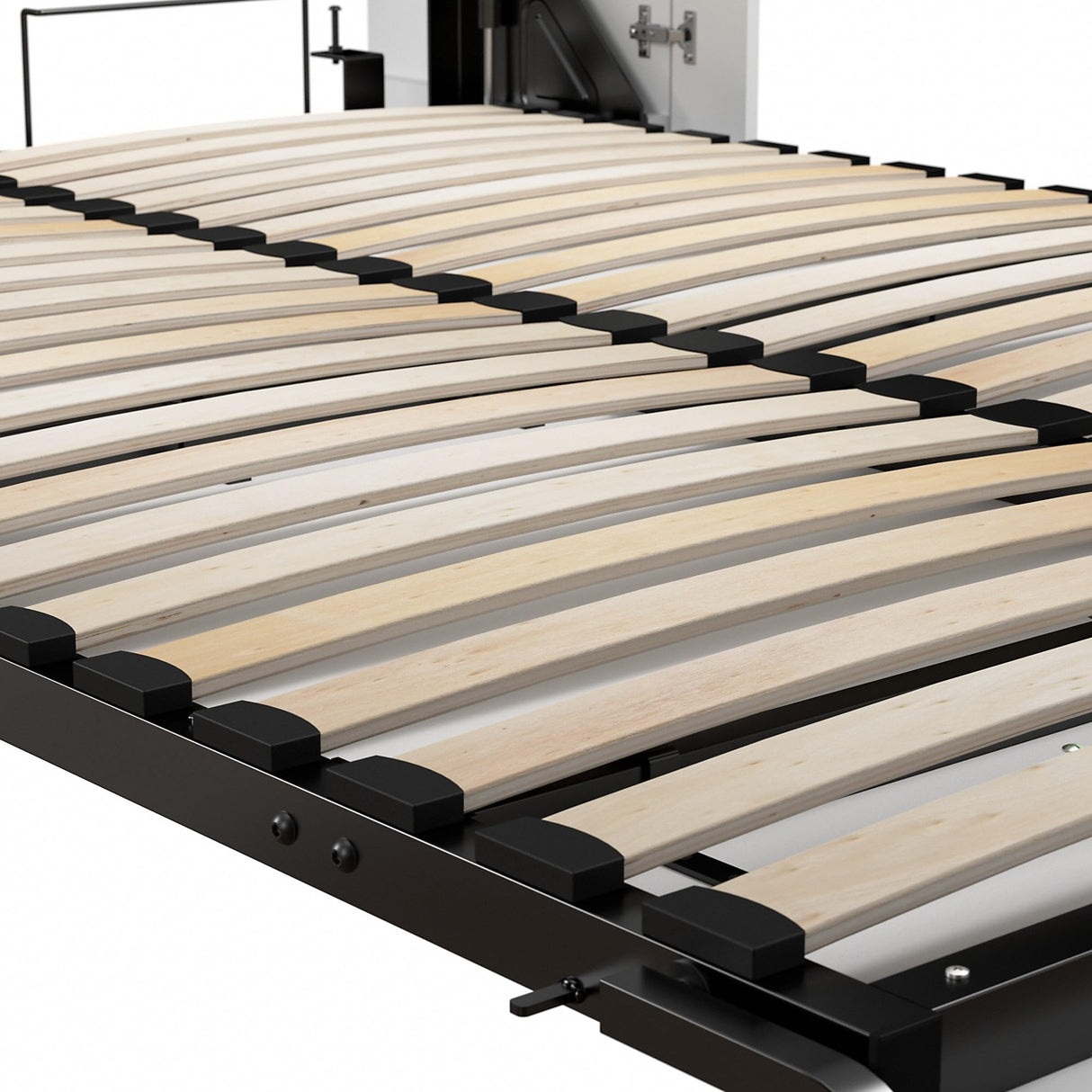 Bestar Orion Queen Murphy Bed with Storage Cabinets and Pull-Out Shelf (106W) in White and Walnut Grey, Sleeping Arrangement with Shelves Bestar