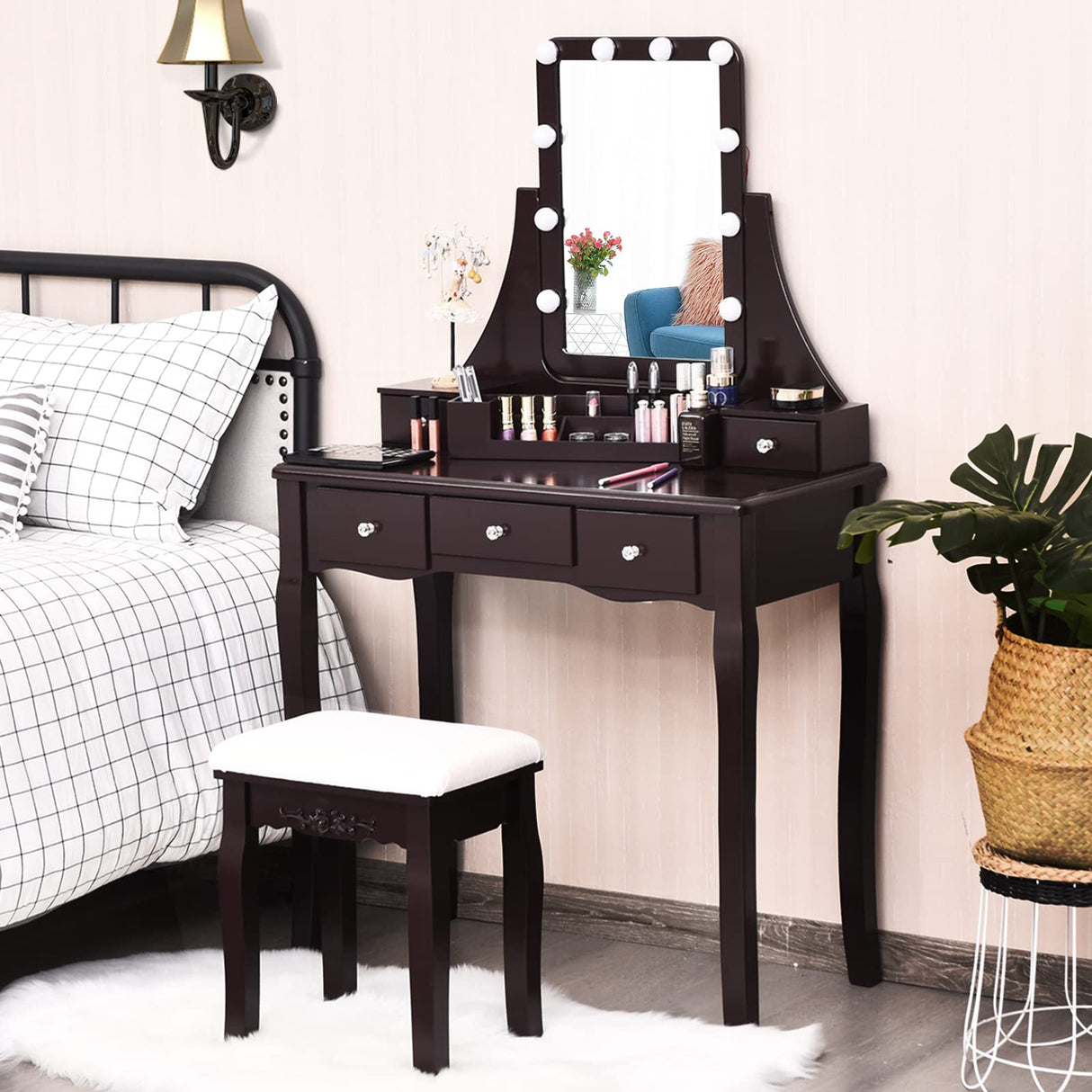 LDAILY Vanity Table Set with 10 LED Lights, Dressing Makeup Vanity with 360° Rotating Lighted Square Mirror, Cushioned Stool & 5 Drawers, Modern Bedroom Vanity Desk for Girls Women (Brown) LDAILY