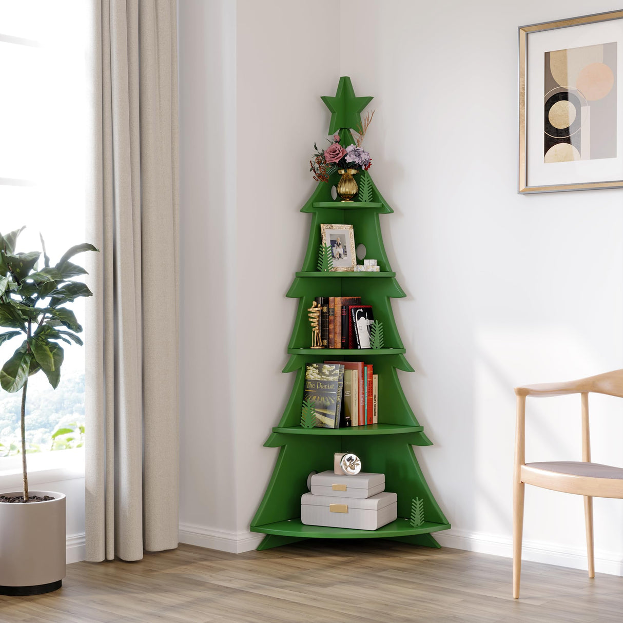 BALANBO Corner Bookshelf Christmas Tree Shape Rubber Wood Corner Bookcase for Study Living Room Bedroom Office Hall H71.1''(Green) BALANBO