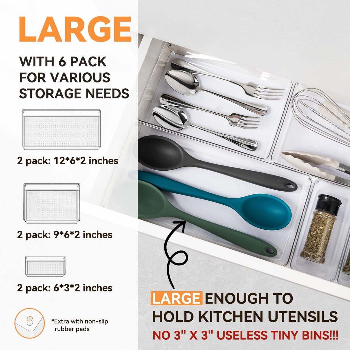 6 Pack Large Clear Plastic Drawer Organizer Trays, Acrylic Kitchen Drawer Organization and Storage Dividers, Non-Slip Storage Bins for Makeup, Kitchen Utensils, Bathroom, Jewelries and Office Desk Criusia