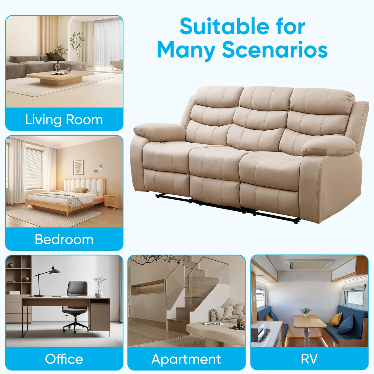 Mjkone Recliner Home Theater Seating, 3 Seater Power Reclining Sofa Chair, Manual Control Recliner Couch with Cup Holders & Flipped Middle Backrest & Table, Modern Couches for Living Room, Beige Mjkone