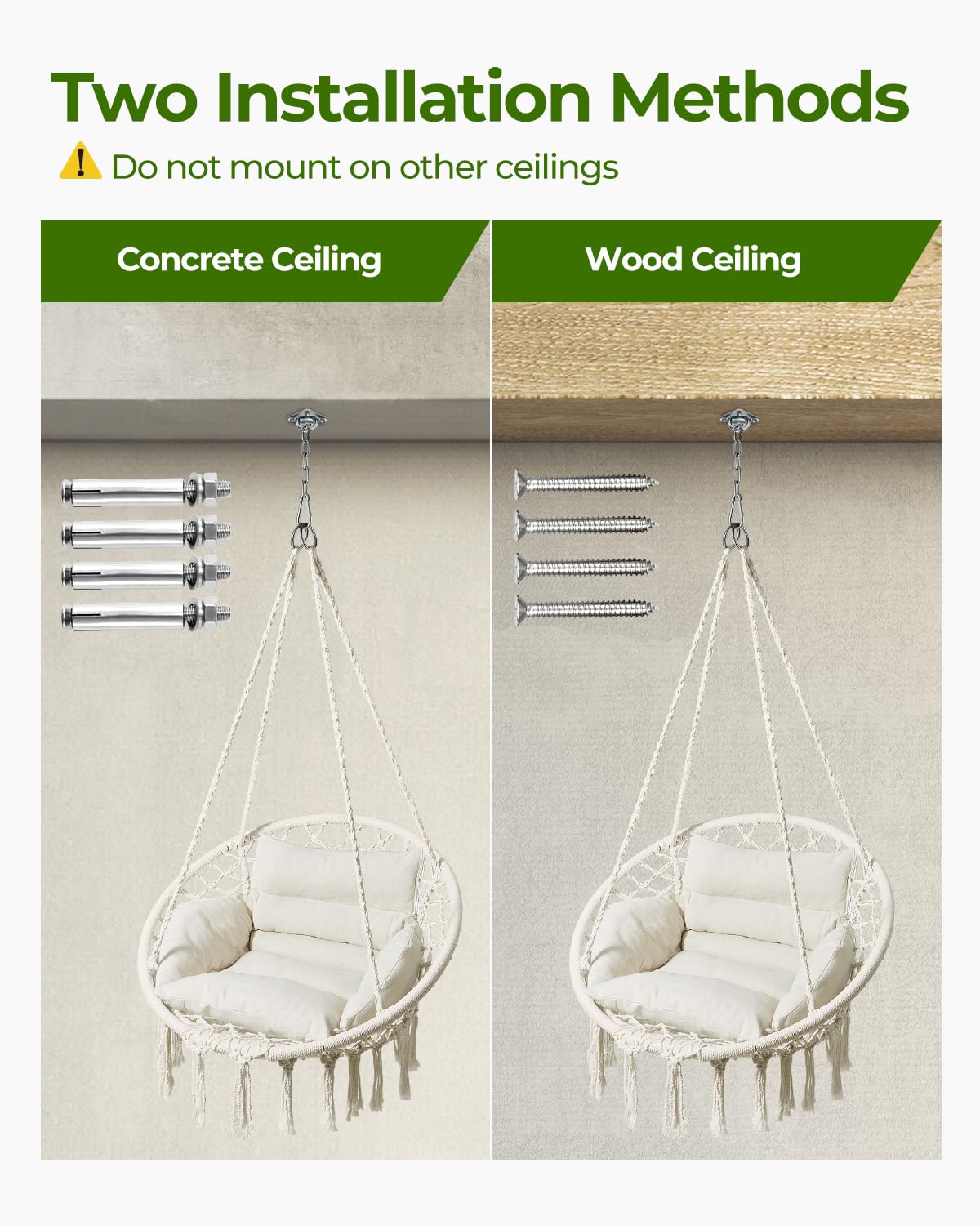 Greenstell Hammock Chair, Macrame Swing Chair with Comfy Cushion, Boho Hanging Chair for Outdoor & Indoor, Perfect for Bedroom, Patio, Balcony, Hold up to 330Lbs, Beige GREENSTELL