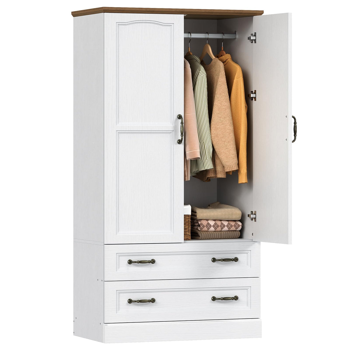 HOOBRO Armoire Wardrobe Closet with 2 Doors and 2 Drawers, 70.9" Tall Bedroom Armoire with Hanging Rod, Farmhouse Wardrobe Closet for Bedroom, Freestanding Clothing Storage Cabinet, White and Walnut HOOBRO