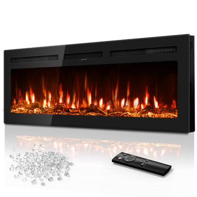Tehanld 50 Inch Electric Fireplace in-Wall Recessed and Wall Mounted, Ultra-Thin Linear Fireplace Heater 750/1500W with Realistic Flame, Higher Temperatures & Lower Noise, Log Set & Crystal Options