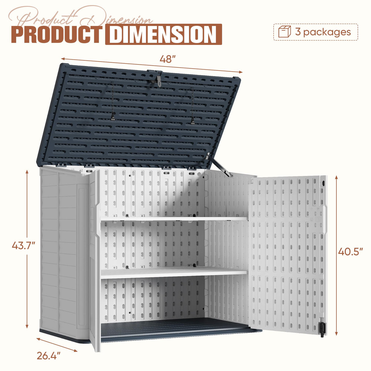 TUOZE 34 Cu Ft Resin Storage Shed with 2 Shelves, Waterproof Outdoor Storage Cabinet with Sloping Roof & Lockable Lid for Garden Tools, Trash Cans (Beige) Tuoze