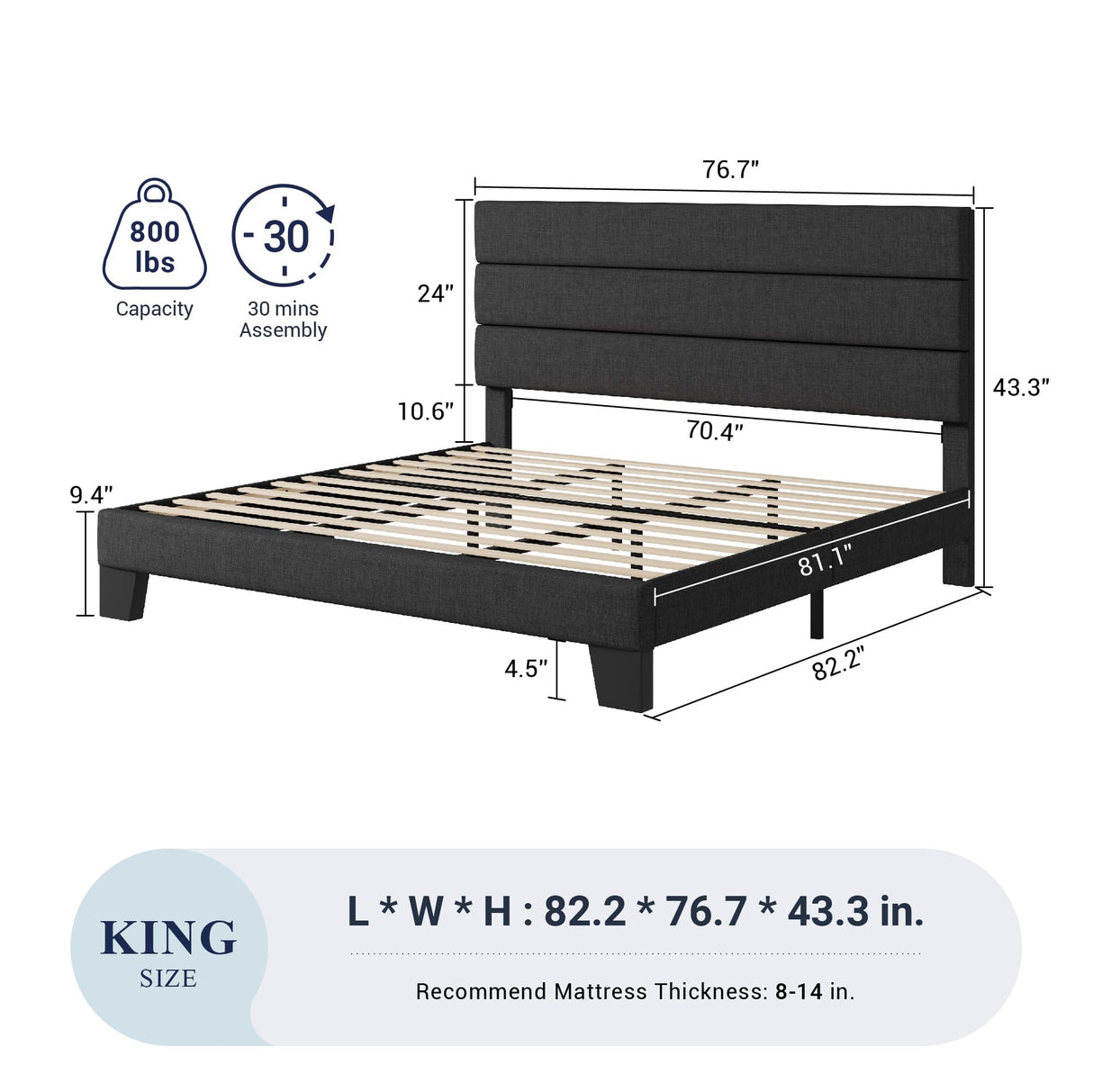 Allewie Dark Grey King Size Platform Bed Frame with Upholstered Headboard and Wooden Slats Allewie