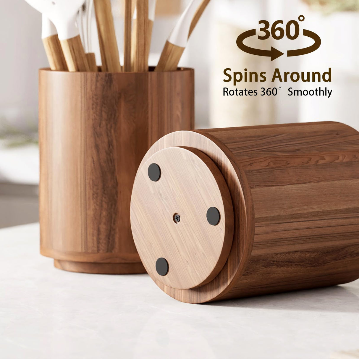 WDT Tool 7.2" Utensil Holder for Kitchen Counter Large Round Utensils Holder with Wooden Base Matte Black Cooking Utensil Holder,Kitchen Countertop Utensil Organizer (Rotating+Wooden) WDT Tool