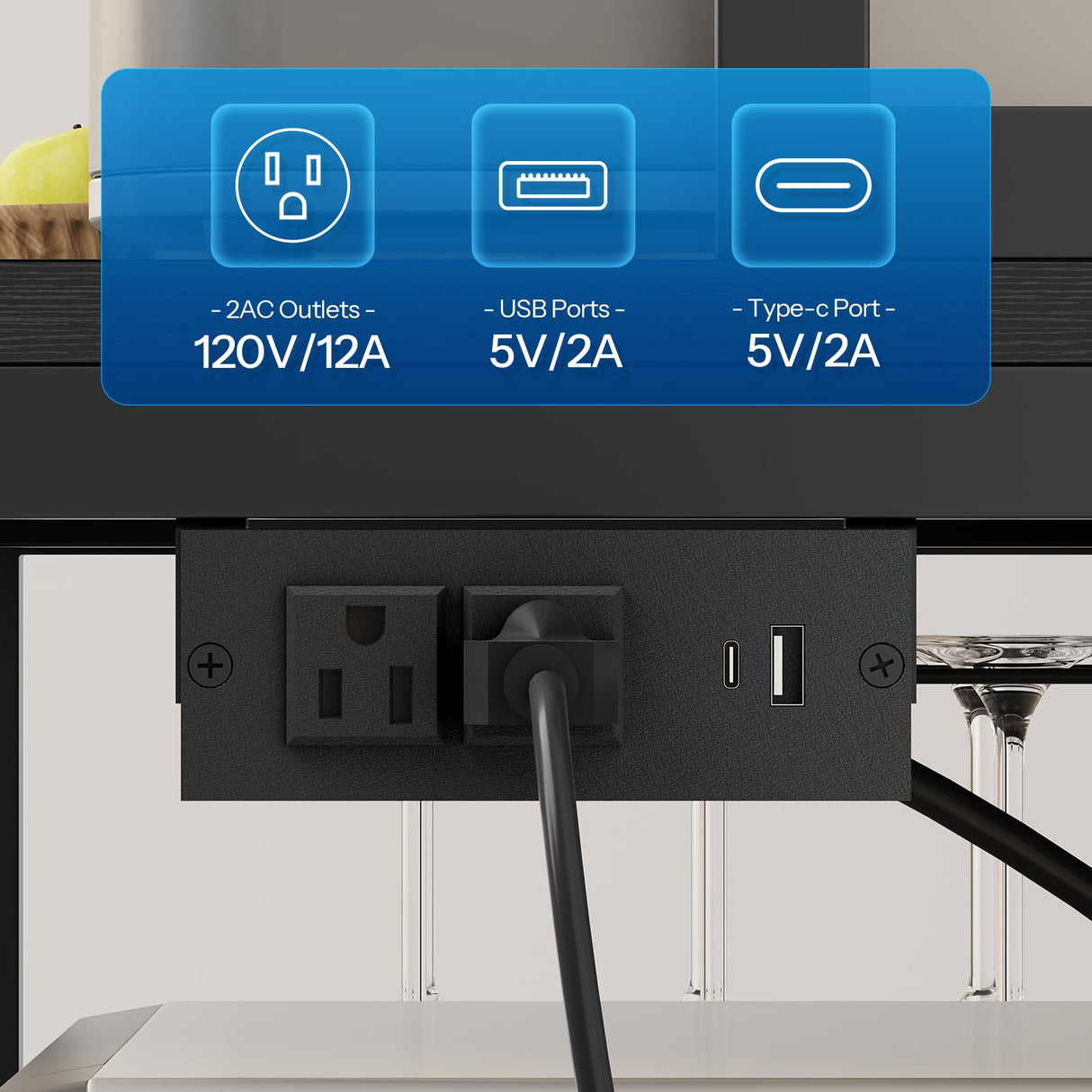 HOOBRO Bakers Rack with Power Outlet and LED Light, 45.3 Inch Microwave Stand with Shelves, Coffee Bar Cabinet with Wine Rack & 4-S Hooks, Kitchen Utility Storage Shelf with Cabinet, Black BB16UDHB01 HOOBRO