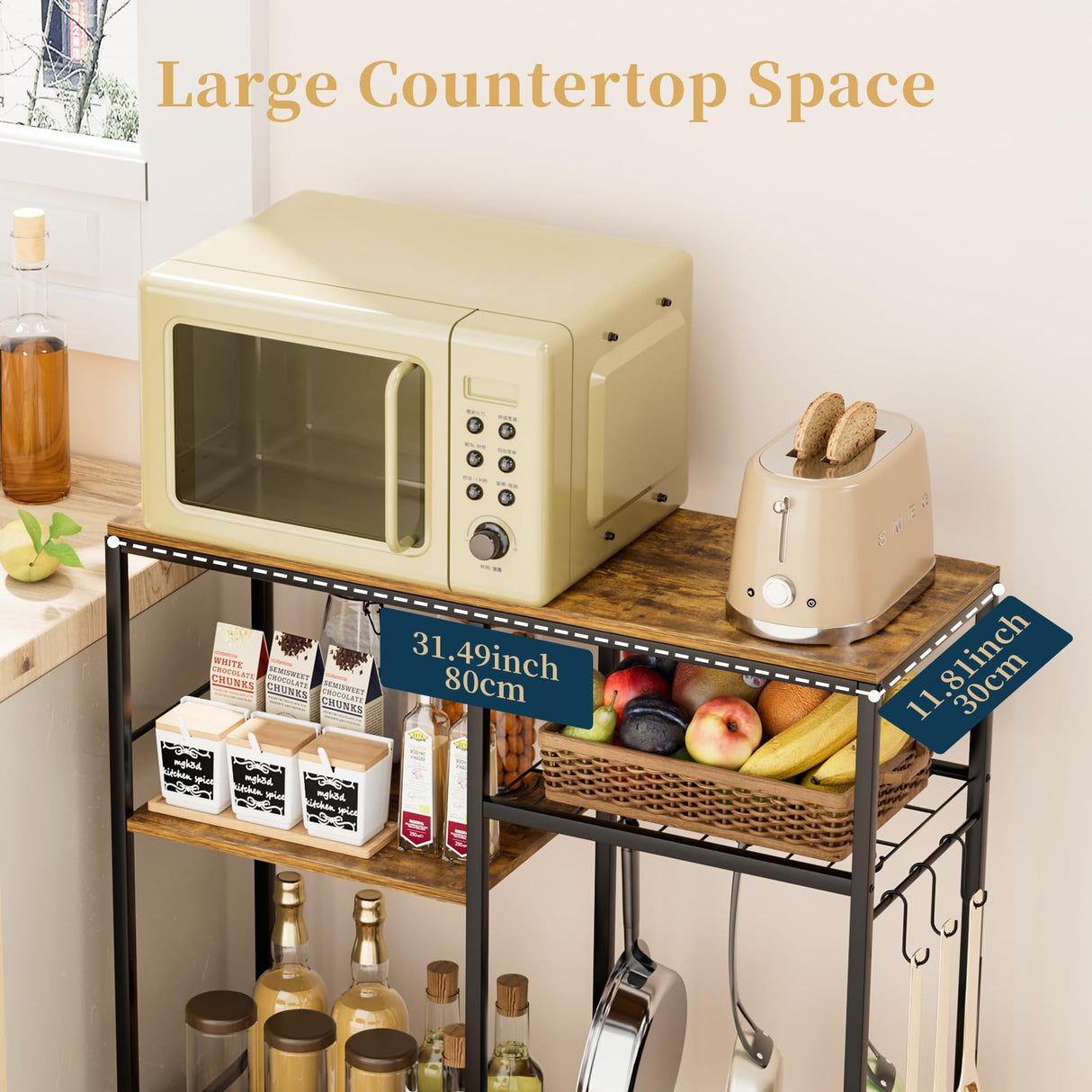 Consumest Bakers Rack with Storage - Microwave Stand and Coffee Bar Cabinet, Multifunctional Pan Organizer with 6 Hooks and 2 Shelves, Microwave Cart for Kitchen, Living Room, Brown&Black Consumest