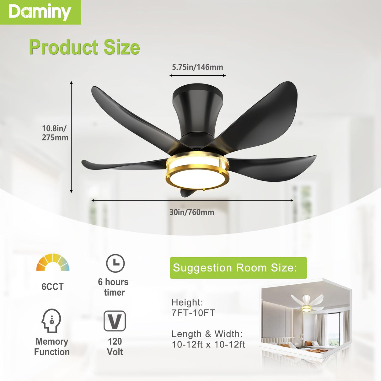 DAMINY 30 Inch Black and Gold 5 Blade Ceiling Fan with Light, Modern Ceiling Fan with Remote,Large Airflow,Flush Mount,6CCT,Dimmable,Noiseless,Bedroom Ceiling Fan DAMINY
