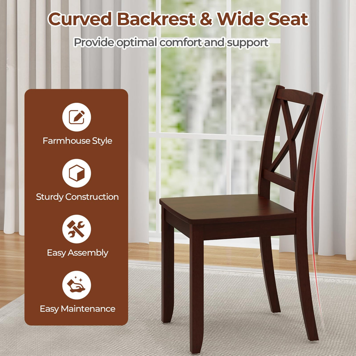 Giantex Wood Dining Chairs Set of 4, Armless Kitchen Chairs w/Rubber Wood Legs & Curved Backrest, Farmhouse Cross Back Diner Chairs, Wooden Side Chairs for Home Dining Room, Load 400 LBS, Brown Giantex