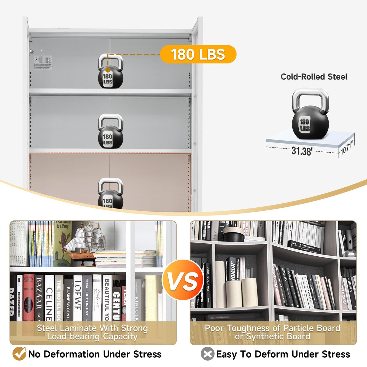 IRONMIX Modern Bookshelf with Doors and Shelves, 70.87" H Metal Bookshelf, Tall Bookcase, 5-Tier Curio Cabinet for Collectibles, White Storage Cabinet Display Case for Home Office, Living Room, School IRONMIX