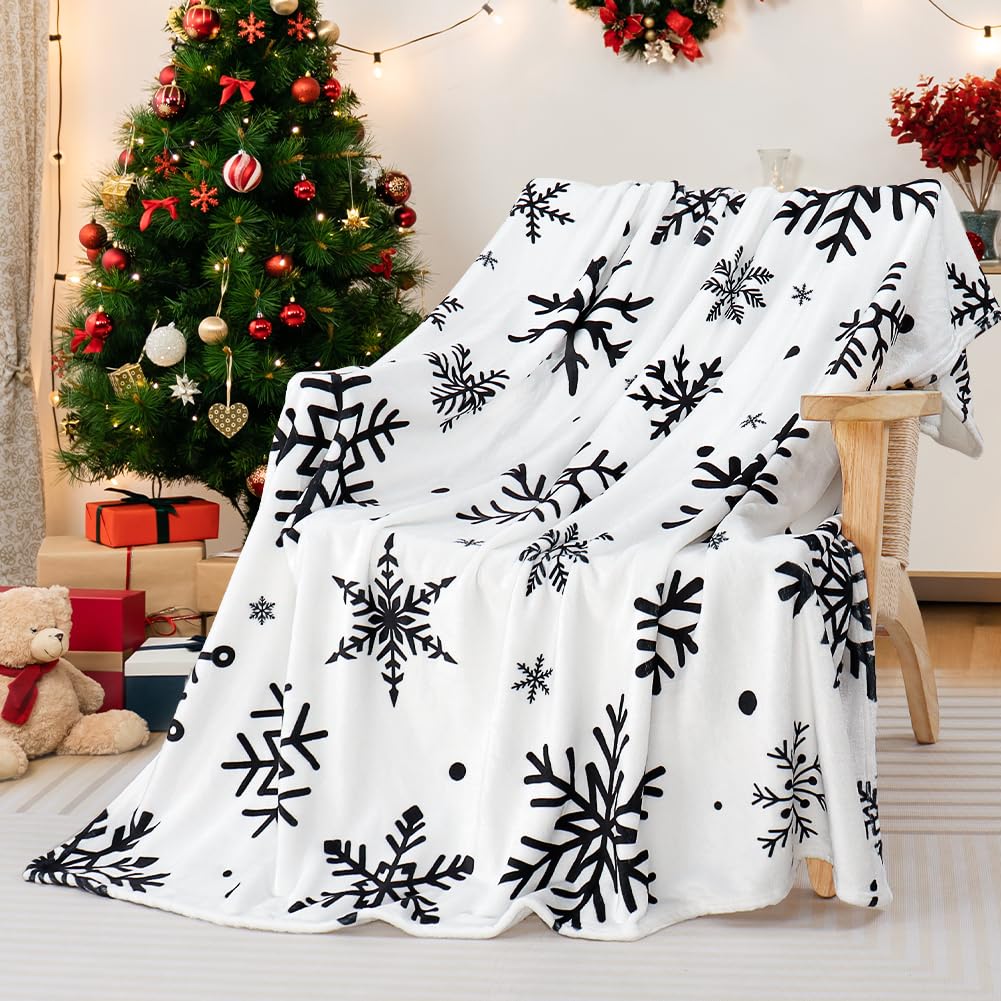 Christmas Snowflake Blanket Ultra Soft Winter Holiday Throw Blanket Xmas Idea Gifts Flannel Fleece Bed Blankets Lightweight Warm Cozy Fuzzy Plush Cabin Throw for Sofa Couch, Black White, 50" X 60" Yersion