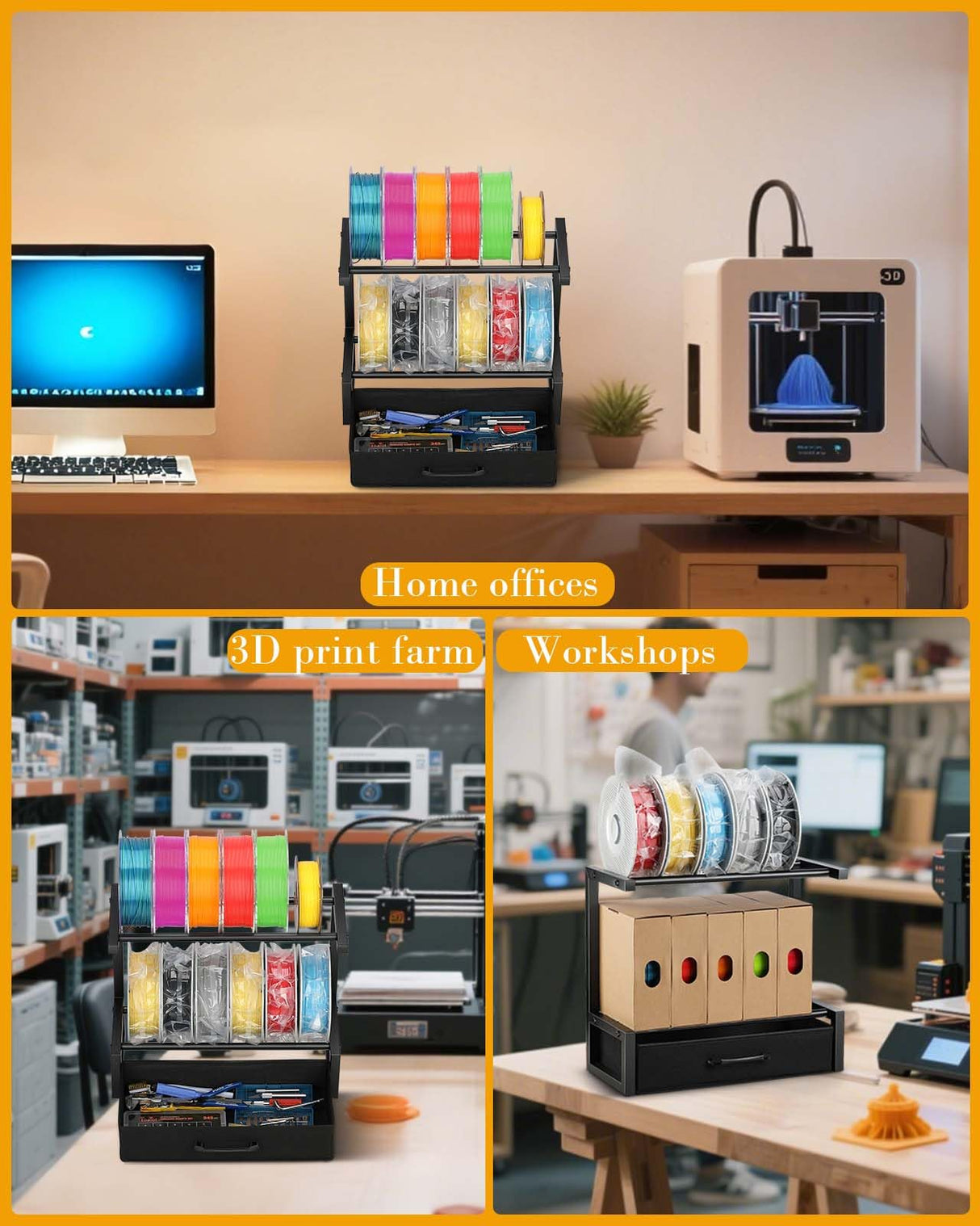 2-Tier Desktop Filament Storage Rack with Fabric Drawer - 3D Printer Filament Spools Holder Shelf for PLA/ABS/TPU Filaments, Tabletop Organizer for Home Office, Workshop Studio (Black Single Row) Rackgolfic