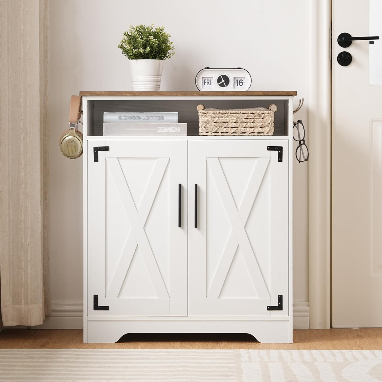 HOOBRO Shoe Cabinet, Farmhouse Shoe Storage Cabinet, Shoe Organizer Cabinet with Hooks and Adjustable Shelves, Shoe Cabinet Storage for Entryway, Living Room, White and Walnut WH16SC01 HOOBRO