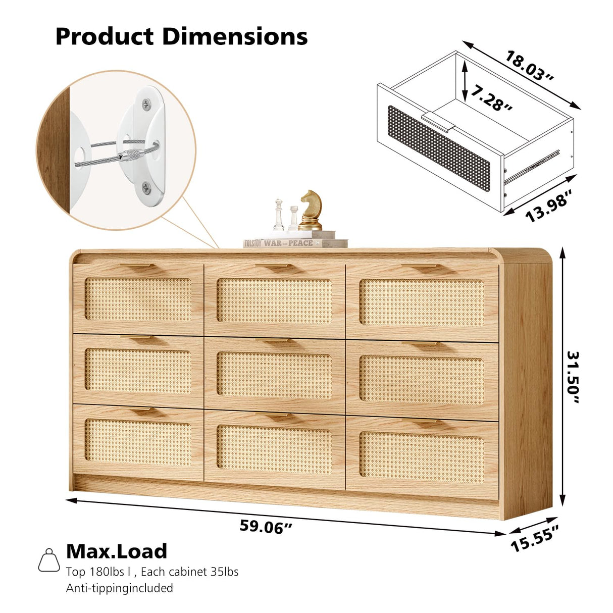 Ieejdn Mid Century Modern Dresser,Rattan 9 Drawers Dresser for Bedroom, 59" Wide Wood Dressers & Chests of Drawers/Curved Profile Design, Natural Texture for Bedroom, Living Room, Warm Wood