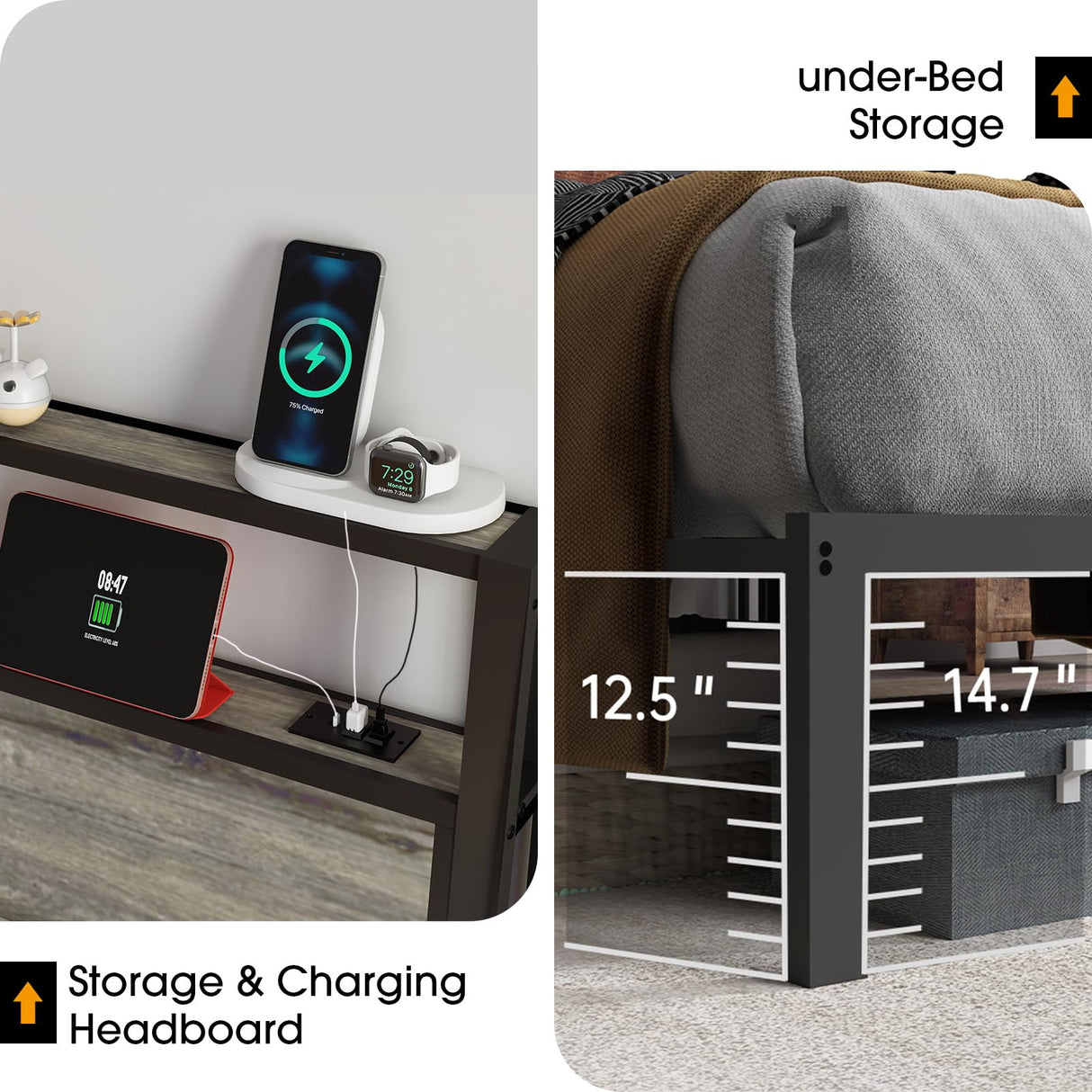 Full Size Bed Frame with Headboard, Metal Platform Bed Frame with LED Lights & Charging Station, Under Bed Storage, Solid and Stable, No Box Spring Needed, Noise Free, Easy Assembly, Rustic Grey RVONOW