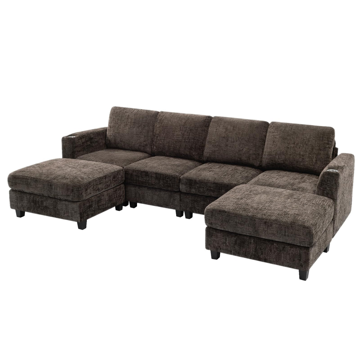Lesofair 110" Chenille Sectional Sofa with Movable Ottomans, Modular U-Shape Couch with Cup Holders, Convertible 4 Seater Sofa with Well-Filled Backrest Cushions for Living Room, House, Brown Lesofair