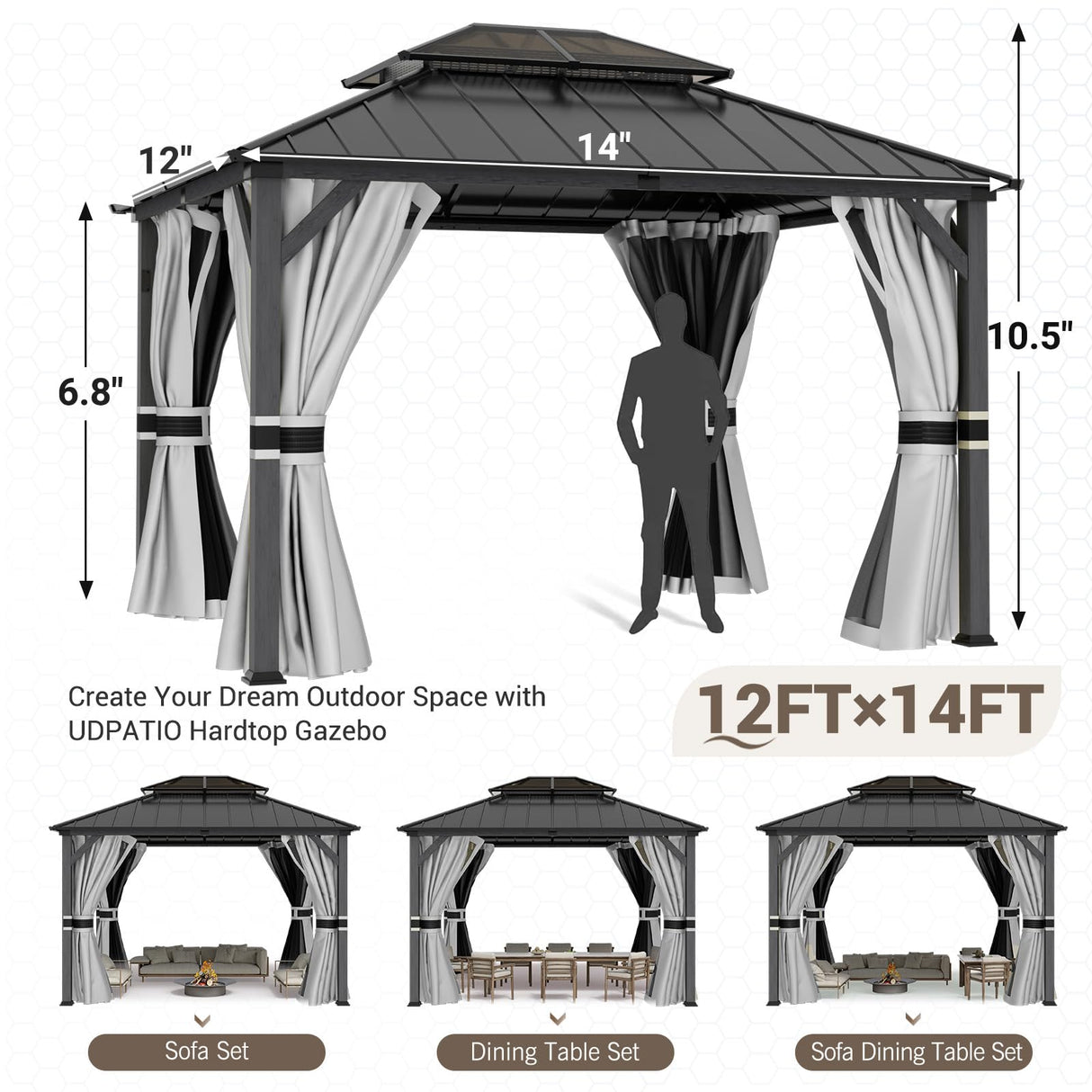 UDPATIO 12'x14'Hardtop Gazebo, Heavy Duty Aluminum Patio Gazebo with Double Galvanized Steel and Polycarbonate Roof,Curtains and Netting Included, Large Outdoor Gazebo for Patio, Deck, Backyard, Grey UDPATIO