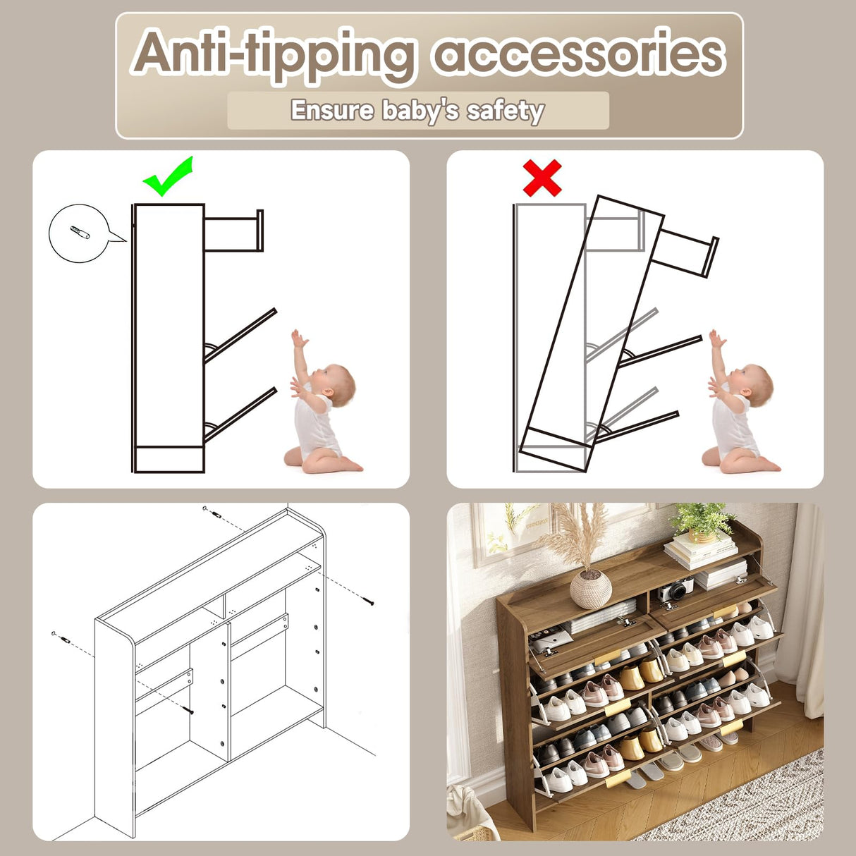 WINWY Rattan Shoe Storage Cabinet with 4 Flip Drawers & 2 Drawers, Freestanding Organizer for Front Door Entrance, Hidden Narrow Shoe Rack Cabinet Storage for Entryway, Rustic Oak Rattan WINWY