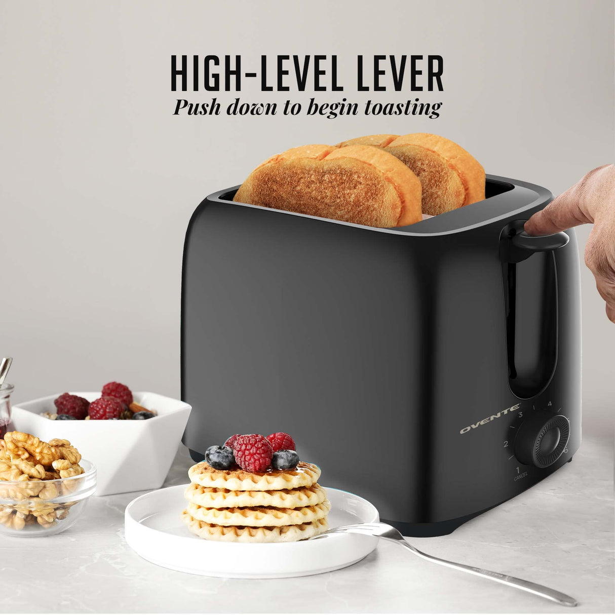 OVENTE Electric 2 Slice Toaster Machine with 6-Shade Toast Settings, 700W Power, Removable Crumb Tray and Compact Design Perfect for Toasting Bread, Bagels, Waffles and Puff Pastry, Black TP2210B OVENTE
