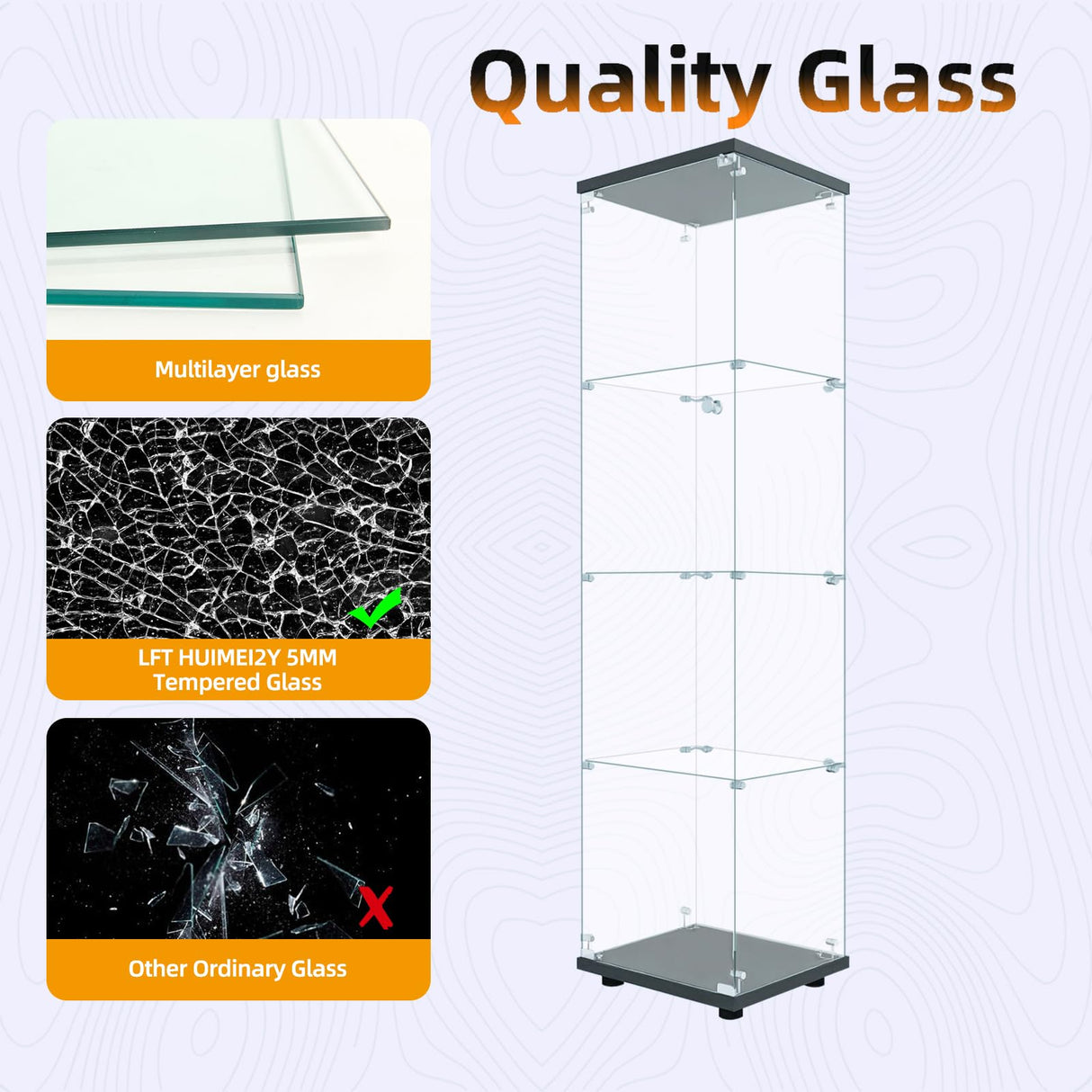 LFT HUIMEI2Y Glass Display Cabinet 4-Shelf with Door and Lock, Curio Cabinets Upgraded Quick-Install Style Tempered Glass Floor Standing Bookshelf for Bedroom, Living Room 65”x 17”x 14” Black LFT HUIMEI2Y