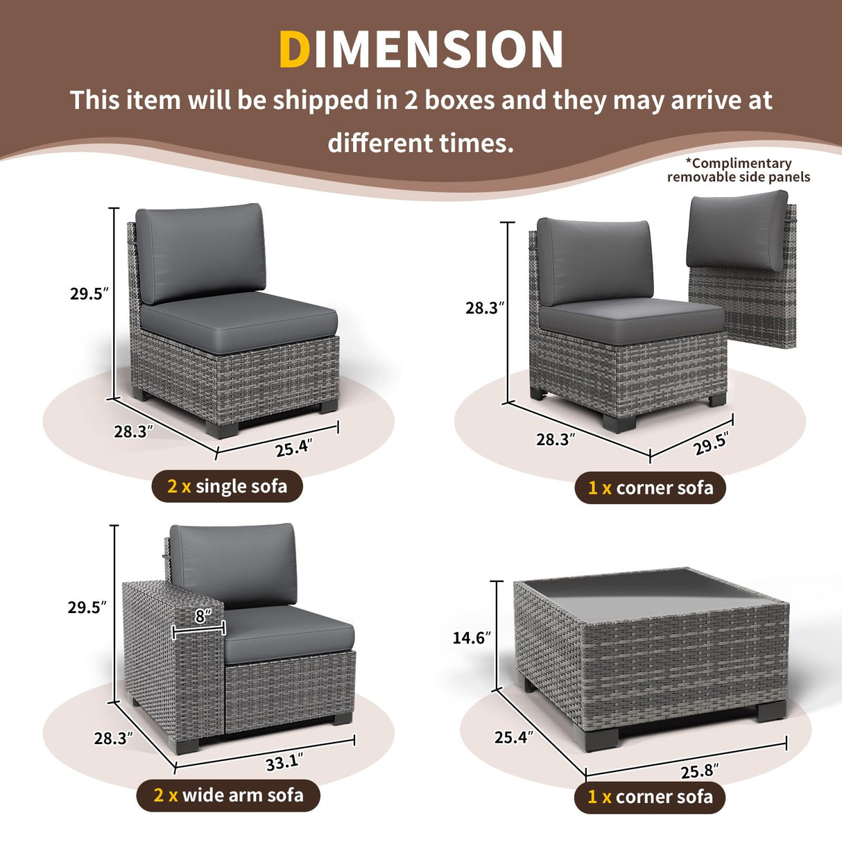 Poteban 6 Pieces Patio Furniture Set, Wide Arm Outdoor Patio Sectional Couch Set, All Weather Wicker Rattan Conversation Set w/Cushions and Glass Table and Waterproof Cover, Grey & Grey Poteban