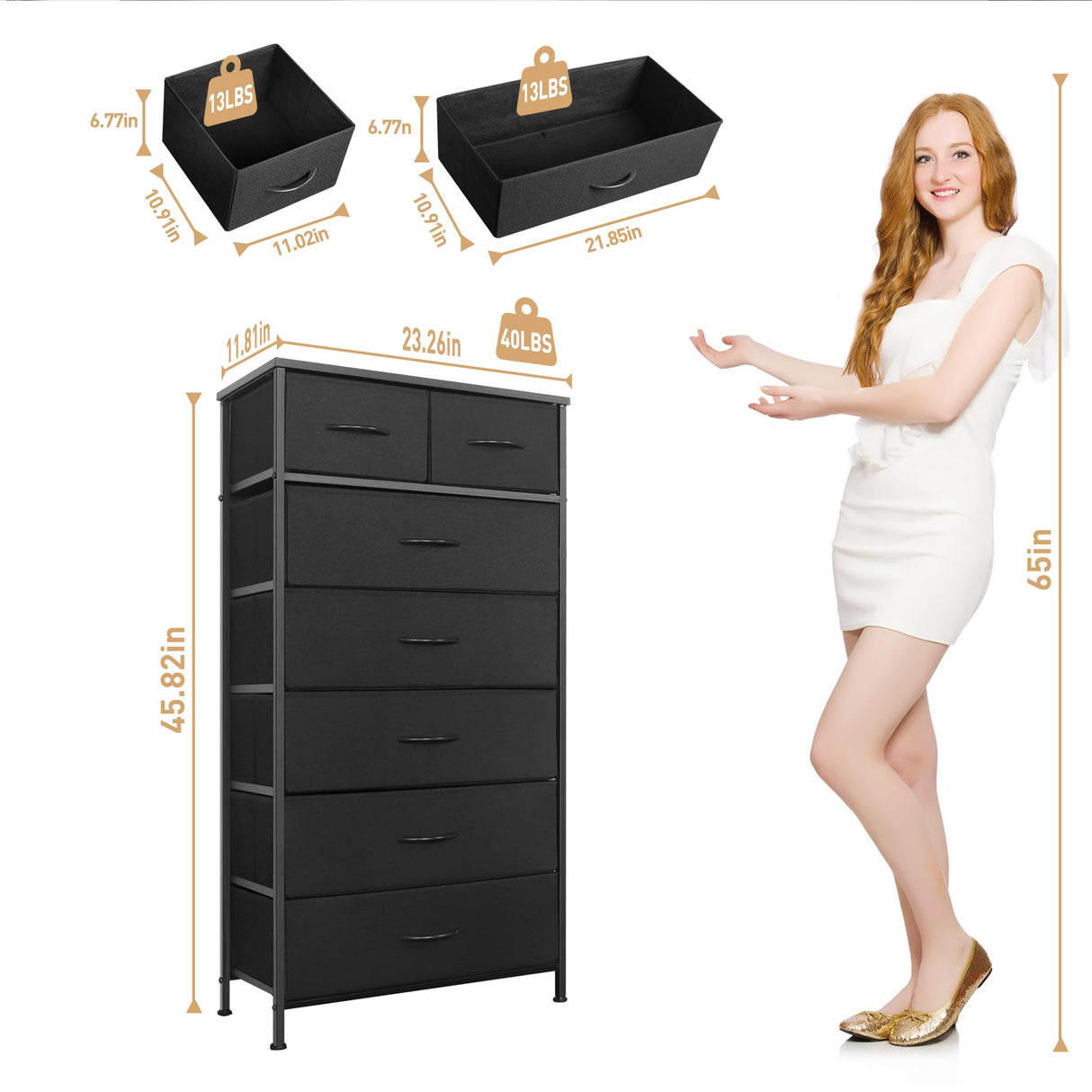 Mifuro Tall Dresser for Bedroom, Vertical Storage Organizer Tower with 7 Drawers, Chest of Drawers with Fabric Bins, Steel Frame, Wood Top for Bedroom, Closet, Entryway- Black Mifuro