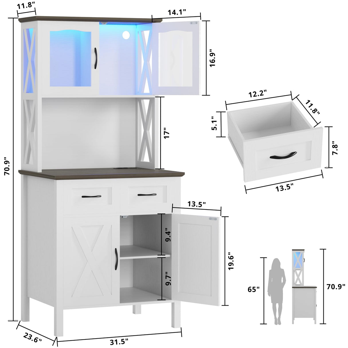 IRONCK 71" Kitchen Pantry Cabinet with LED Lights and Power Outlets, Farmhouse Kitchen Hutch Cabinet with Microwave Stand, Tall Cupboard Kitchen Cabinet with Countertop for Kitchen, White IRONCK