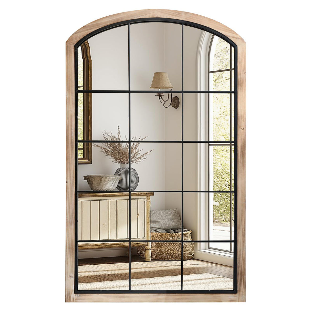 IPOUF Arch Window Mirror, 30X48 Farmhouse Arch Wall Mirror, Wood Framed Rustic Mirror Metal Inner Frame Mirror Decorative for Entryway & Living Room,Natural IPOUF