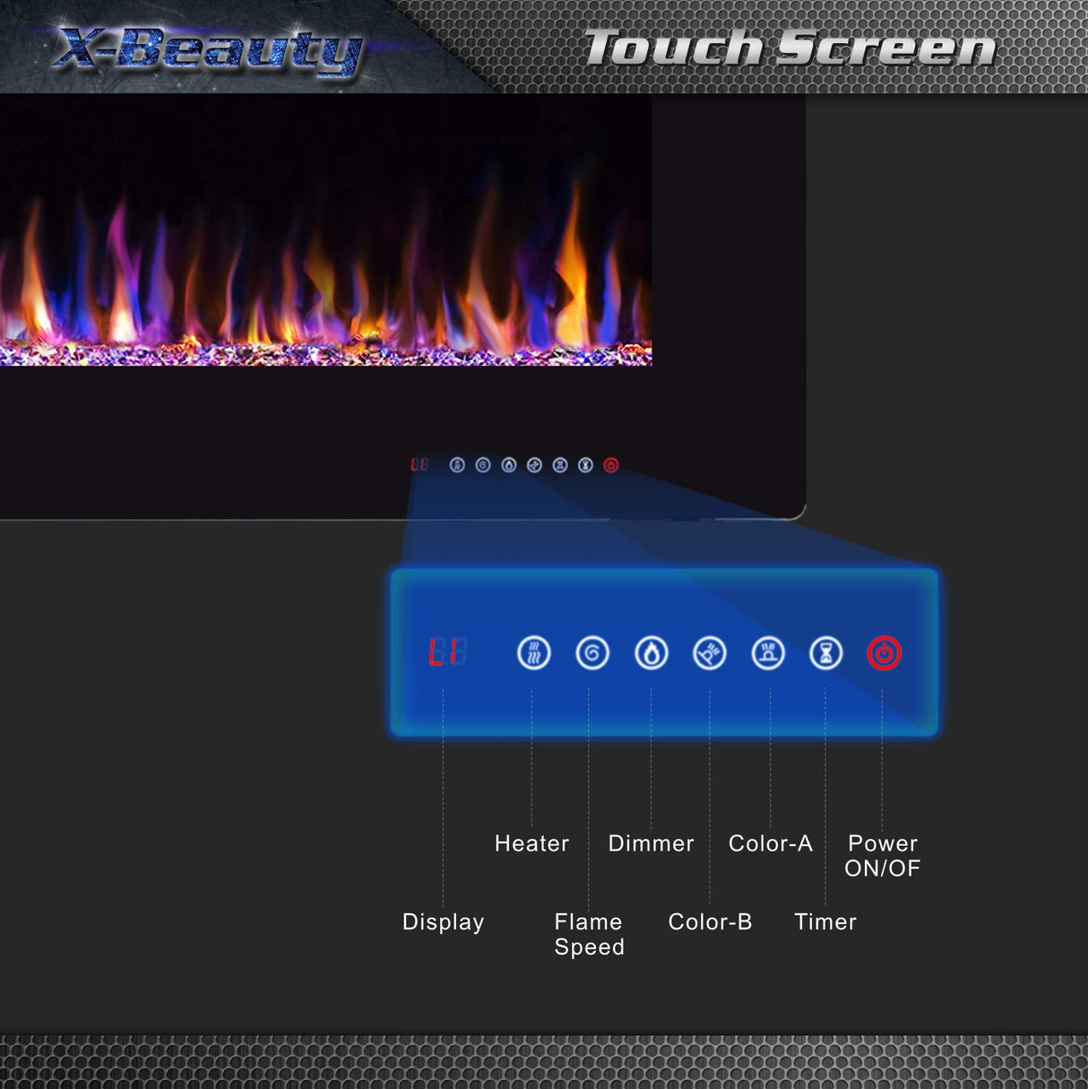 50" Electric Fireplace in-Wall Recessed and Wall Mounted 1500W Fireplace Heater and Linear Fireplace with Timer/Multicolor Flames/Touch Screen/Remote Control (Black) Xbeauty