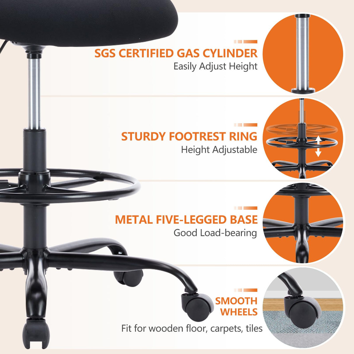Sweetcrispy Home Office Drafting Desk Chair - Ergonomic High Stool Computer with Adjustable Height and Comfy Lumbar Support, Tall Rolling Task for Standing Desk with Fixed Arm and Footrest, Black Sweetcrispy