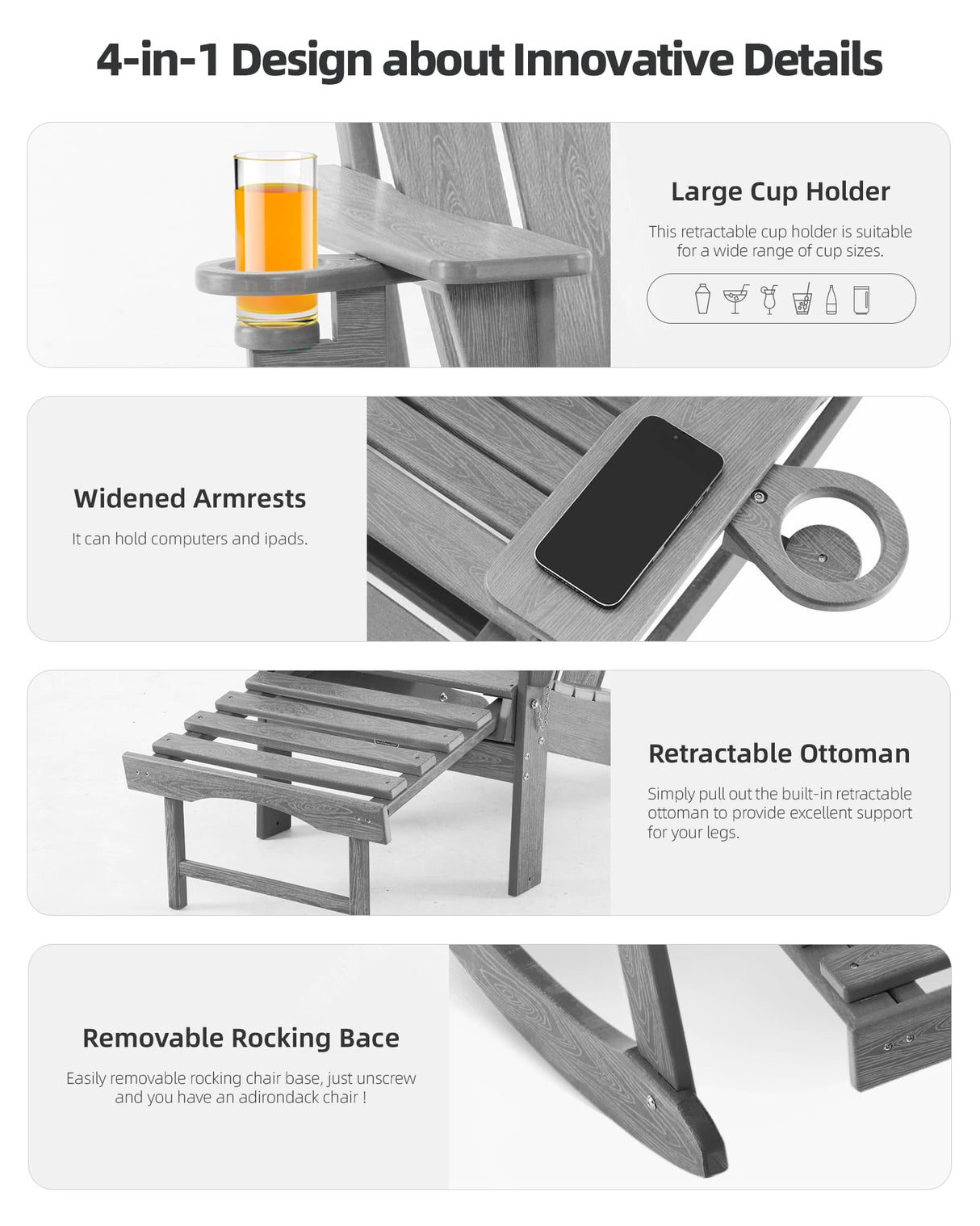 Serique 4-in-1 Multifunctional Folding Adirondack Rocking Chair, Patio Chair with Retractable Ottoman, Outdoor Chair Wood Texture, Lawn Chair for Porch, Backyard, Pool(Grey) Serique