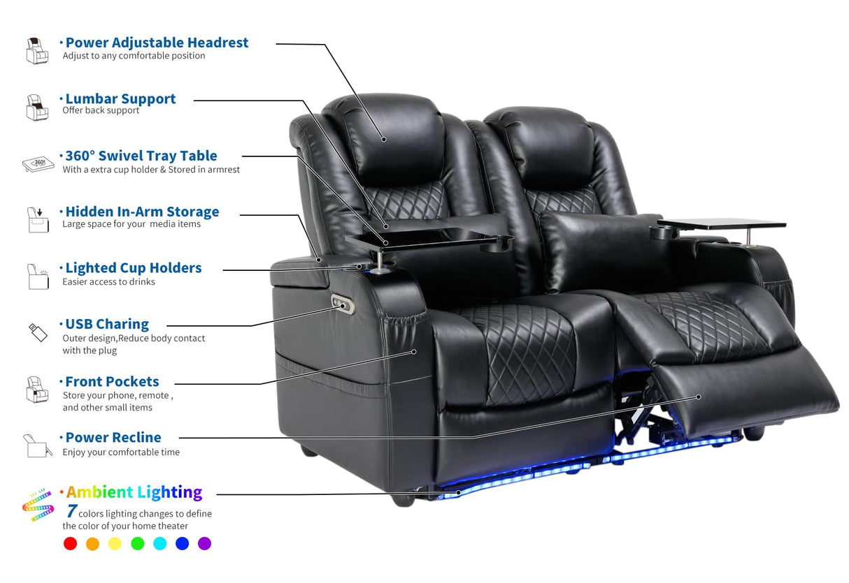 Airadlis Home Theater Seating Seats, Game Movie Theater Chairs Theater Recliner Sofa with 7 Colors Ambient Lighting, Lumbar Pillow, Side Pocket, Tray Table, Power Recline, Black Airadlis