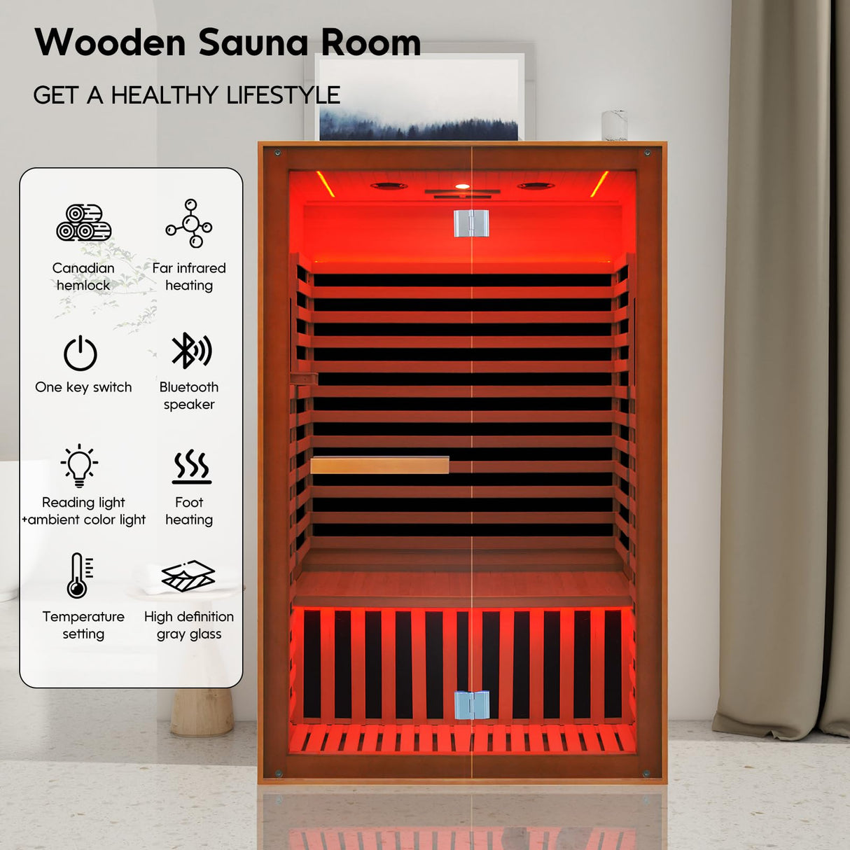 OUTEXER Far Infrared Sauna Home Sauna Spa Room for 2 Person Low-EMF Canadian Hemlock Wood 1950W Indoor Saunas with Oxygen Bar 47.2 * 35.4 * 74.8Inch OUTEXER