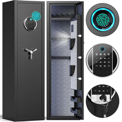 Omethey Gun Safe, 3-5 Gun Biometric Fingerprint Rifle Safe, Gun Safes for Home Rifle and Pistols with LCD Screen Keypad and Silent Mode, Rifle Gun Safe