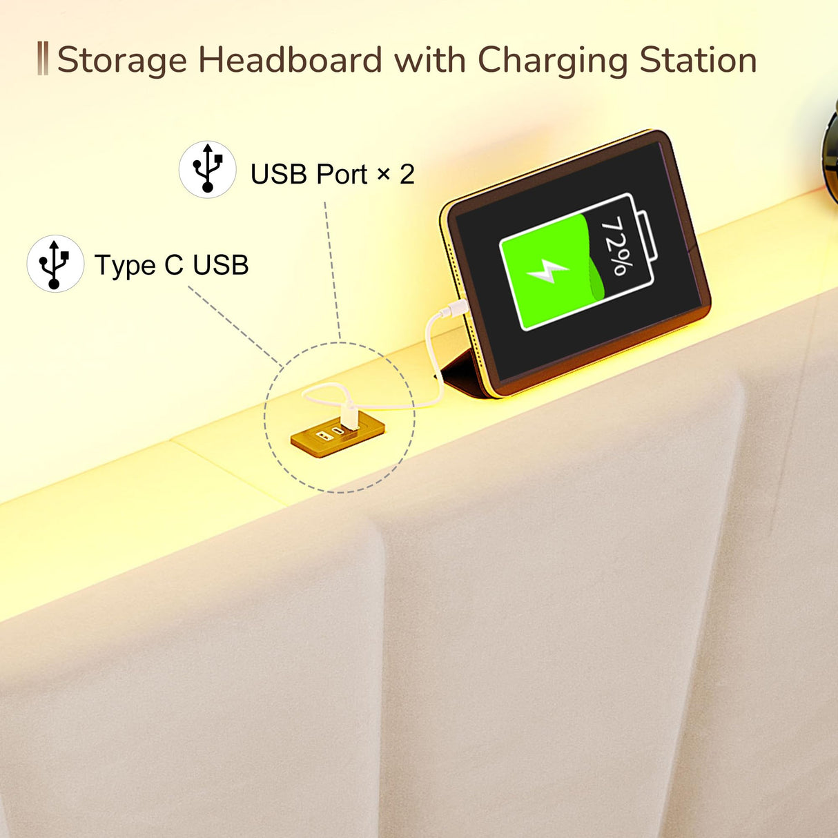 EnHomee Queen Bed Frame with Velvet Headboard and LED Lights, Storage Headboard with Charging Station, Bed Frame Queen Size with Sturdy Wooden Slats Support, Noise-Free, Easy Assembly, Beige EnHomee